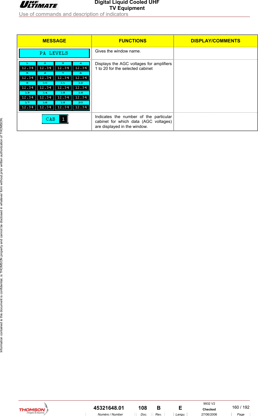  Digital Liquid Cooled UHF TV Equipment Use of commands and description of indicators  Information contained is this document is confidential, is THOMSON property and cannot be disclosed in whatever form without prior written authorization of THOMSON.  MESSAGE FUNCTIONS DISPLAY/COMMENTS  Gives the window name.    Displays the AGC voltages for amplifiers 1 to 20 for the selected cabinet   Indicates the number of the particular cabinet for which data (AGC voltages) are displayed in the window.      9932 V2  45321648.01  108  B    E  Checked  160 / 192Num&eacute;ro / Number Doc. Rev. Langu. 27/06/2006 Page 