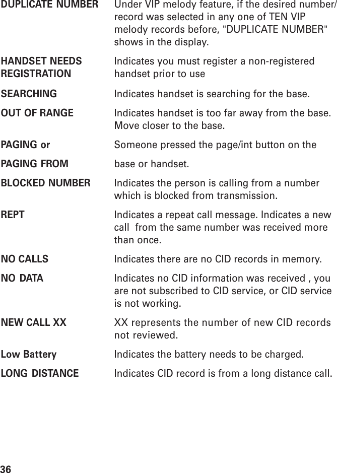 36DUPLICATE NUMBER Under VIP melody feature, if the desired number/record was selected in any one of TEN VIPmelody records before, &quot;DUPLICATE NUMBER&quot;shows in the display.HANDSET NEEDS Indicates you must register a non-registeredREGISTRATION handset prior to useSEARCHING Indicates handset is searching for the base.OUT OF RANGE Indicates handset is too far away from the base.Move closer to the base.PAGING or Someone pressed the page/int button on thePAGING FROM base or handset.BLOCKED NUMBER Indicates the person is calling from a numberwhich is blocked from transmission.REPT Indicates a repeat call message. Indicates a newcall  from the same number was received morethan once.NO CALLS Indicates there are no CID records in memory.NO DATA Indicates no CID information was received , youare not subscribed to CID service, or CID serviceis not working.NEW CALL XX XX represents the number of new CID recordsnot reviewed.Low Battery Indicates the battery needs to be charged.LONG DISTANCE Indicates CID record is from a long distance call.