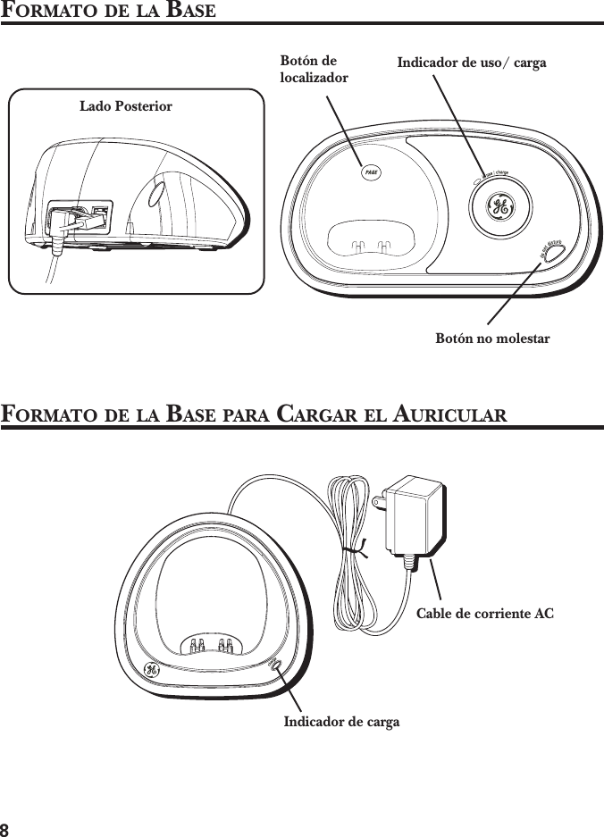 8FORMATO DE LA BASEFORMATO DE LA BASE PARA CARGAR EL AURICULARBotón no molestarIndicador de uso/ cargaBotón delocalizadorLado PosteriorIndicador de cargaCable de corriente AC