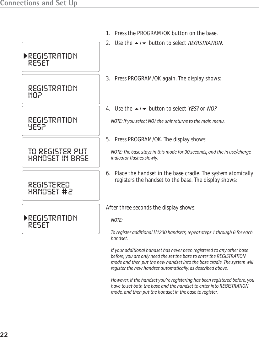 22Connections and Set Up1. Press the PROGRAM/OK button on the base.2. Use the / button to select REGISTRATION.REGISTRATIONRESETREGISTRATIONRESETREGISTRATIONNO?REGISTRATIONYES?TO  REGISTER  PUTHANDSET  IN  BASEREGISTEREDHANDSET  # 23. Press PROGRAM/OK again. The display shows:4. Use the / button to select YES? or NO?NOTE: If you select NO? the unit returns to the main menu.5. Press PROGRAM/OK. The display shows:NOTE: The base stays in this mode for 30 seconds, and the in use/chargeindicator flashes slowly.6. Place the handset in the base cradle. The system atomicallyregisters the handset to the base. The display shows:After three seconds the display shows:NOTE:To register additional H1230 handsets, repeat steps 1 through 6 for eachhandset.If your additional handset has never been registered to any other basebefore, you are only need the set the base to enter the REGISTRATIONmode and then put the new handset into the base cradle. The system willregister the new handset automatically, as described above.However, if the handset you’re registering has been registered before, youhave to set both the base and the handset to enter into REGISTRATIONmode, and then put the handset in the base to register.