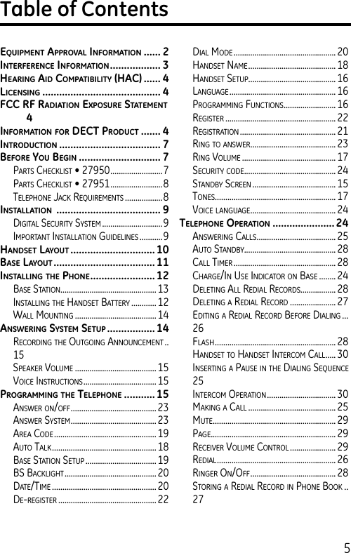 5Table of ContentsEquipmEnt ApprovAl informAtion ...... 2intErfErEncE informAtion .................. 3HEAring Aid compAtibility (HAc) ...... 4licEnsing .......................................... 4fcc rf rAdiAtion ExposurE stAtEmEnt 4informAtion for dEct product ....... 4introduction .................................... 7bEforE you bEgin ............................. 7Parts CheCklist • 27950 .........................7Parts CheCklist • 27951 .........................8telePhone JaCk requirements ..................8instAllAtion  ..................................... 9Digital seCurity system .............................9imPortant installation guiDelines ...........9HAndsEt lAyout .............................. 10bAsE lAyout ....................................11instAlling tHE pHonE .......................12Base station.............................................. 13installing the hanDset Battery ............ 12Wall mounting ....................................... 14AnswEring systEm sEtup ................. 14reCorDing the outgoing announCement ..15sPeaker Volume ....................................... 15VoiCe instruCtions ................................... 15progrAmming tHE tElEpHonE ........... 15ansWer on/off ......................................... 23ansWer system ......................................... 23area CoDe ................................................. 19auto talk .................................................. 18Base station setuP .................................. 19Bs BaCklight ............................................ 20Date/time .................................................. 20De-register ............................................... 22Dial moDe ................................................. 20hanDset name ..........................................18hanDset setuP.......................................... 16language ................................................... 16Programming funCtions ......................... 16register ..................................................... 22registration ..............................................21ring to ansWer ......................................... 23ring Volume ............................................. 17seCurity CoDe ............................................ 24stanDBy sCreen ........................................ 15tones .......................................................... 17VoiCe language ......................................... 24tElEpHonE opErAtion ......................24ansWering Calls ...................................... 25auto stanDBy............................................ 28Call timer ................................................. 28Charge/in use inDiCator on Base ........ 24Deleting all reDial reCorDs................. 28Deleting a reDial reCorD ......................27eDiting a reDial reCorD Before Dialing ...26flash ..........................................................28hanDset to hanDset interCom Call .....30inserting a Pause in the Dialing sequenCe 25interCom oPeration ................................. 30making a Call .......................................... 25mute ........................................................... 29Page............................................................ 29reCeiVer Volume Control ...................... 29reDial ......................................................... 26ringer on/off ......................................... 28storing a reDial reCorD in Phone Book ..27