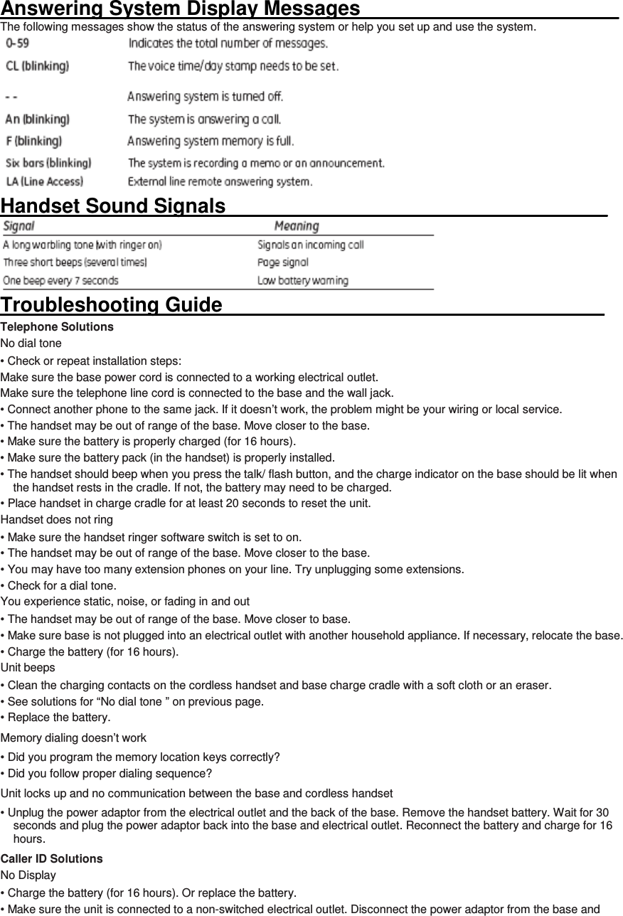 Answering System Display Messages_______________________ The following messages show the status of the answering system or help you set up and use the system.  Handset Sound Signals__________________________________  Troubleshooting Guide__________________________________ Telephone Solutions No dial tone • Check or repeat installation steps:   Make sure the base power cord is connected to a working electrical outlet.   Make sure the telephone line cord is connected to the base and the wall jack. • Connect another phone to the same jack. If it doesn’t work, the problem might be your wiring or local service. • The handset may be out of range of the base. Move closer to the base. • Make sure the battery is properly charged (for 16 hours). • Make sure the battery pack (in the handset) is properly installed. • The handset should beep when you press the talk/ flash button, and the charge indicator on the base should be lit when the handset rests in the cradle. If not, the battery may need to be charged. • Place handset in charge cradle for at least 20 seconds to reset the unit. Handset does not ring • Make sure the handset ringer software switch is set to on. • The handset may be out of range of the base. Move closer to the base. • You may have too many extension phones on your line. Try unplugging some extensions. • Check for a dial tone. You experience static, noise, or fading in and out • The handset may be out of range of the base. Move closer to base. • Make sure base is not plugged into an electrical outlet with another household appliance. If necessary, relocate the base. • Charge the battery (for 16 hours). Unit beeps • Clean the charging contacts on the cordless handset and base charge cradle with a soft cloth or an eraser. • See solutions for “No dial tone ” on previous page. • Replace the battery. Memory dialing doesn’t work • Did you program the memory location keys correctly? • Did you follow proper dialing sequence? Unit locks up and no communication between the base and cordless handset • Unplug the power adaptor from the electrical outlet and the back of the base. Remove the handset battery. Wait for 30 seconds and plug the power adaptor back into the base and electrical outlet. Reconnect the battery and charge for 16 hours. Caller ID Solutions No Display • Charge the battery (for 16 hours). Or replace the battery. • Make sure the unit is connected to a non-switched electrical outlet. Disconnect the power adaptor from the base and 
