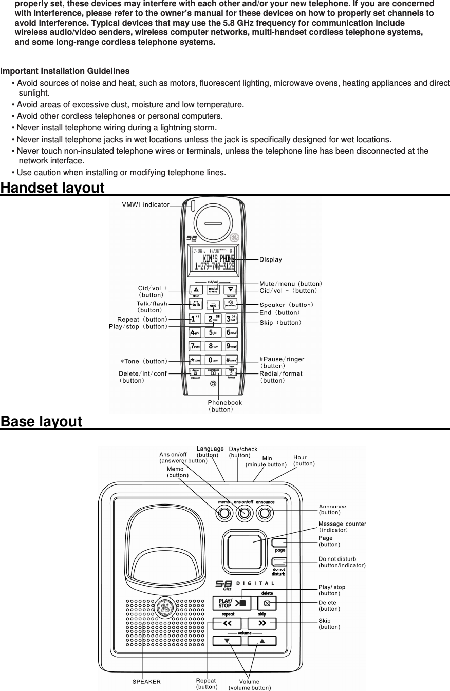 properly set, these devices may interfere with each other and/or your new telephone. If you are concerned with interference, please refer to the owner’s manual for these devices on how to properly set channels to avoid interference. Typical devices that may use the 5.8 GHz frequency for communication include wireless audio/video senders, wireless computer networks, multi-handset cordless telephone systems, and some long-range cordless telephone systems.  Important Installation Guidelines • Avoid sources of noise and heat, such as motors, fluorescent lighting, microwave ovens, heating appliances and direct sunlight. • Avoid areas of excessive dust, moisture and low temperature. • Avoid other cordless telephones or personal computers. • Never install telephone wiring during a lightning storm. • Never install telephone jacks in wet locations unless the jack is specifically designed for wet locations. • Never touch non-insulated telephone wires or terminals, unless the telephone line has been disconnected at the network interface. • Use caution when installing or modifying telephone lines. Handset layout                                                                                                                        Base layout                                                                                                                         