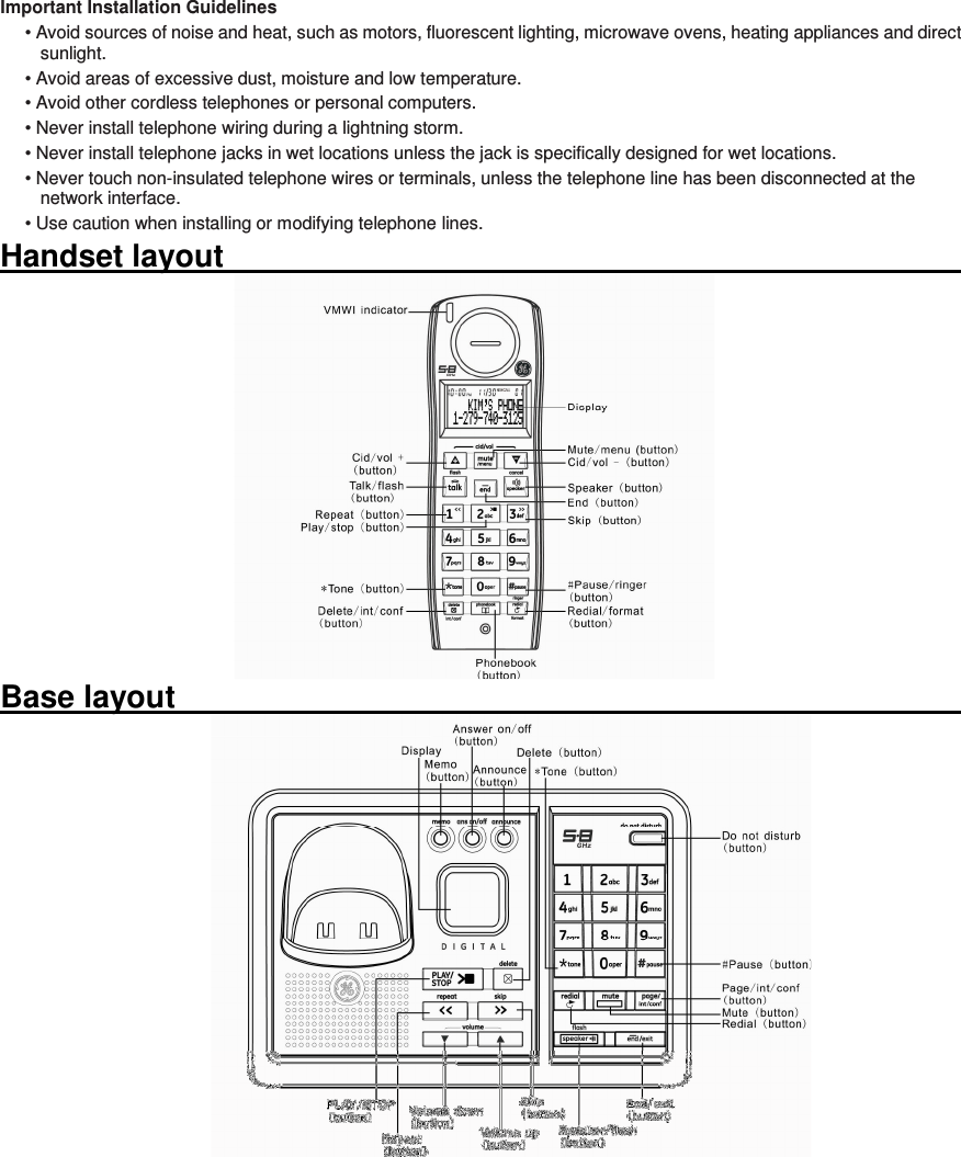 Important Installation Guidelines • Avoid sources of noise and heat, such as motors, fluorescent lighting, microwave ovens, heating appliances and direct sunlight. • Avoid areas of excessive dust, moisture and low temperature. • Avoid other cordless telephones or personal computers. • Never install telephone wiring during a lightning storm. • Never install telephone jacks in wet locations unless the jack is specifically designed for wet locations. • Never touch non-insulated telephone wires or terminals, unless the telephone line has been disconnected at the network interface. • Use caution when installing or modifying telephone lines. Handset layout                                                                                                                        Base layout                                                                                                                         