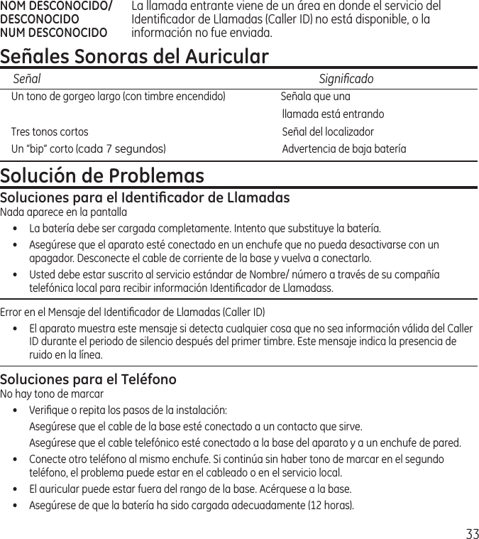 33NOM DESCONOCIDO/  La llamada entrante viene de un área en donde el servicio delDESCONOCIDO  Identiﬁcador de Llamadas (Caller ID) no está disponible, o laNUM DESCONOCIDO  información no fue enviada.Señales Sonoras del AuricularSeñal    Signiﬁcado    Un tono de gorgeo largo (con timbre encendido)  Señala que una   llamada está entrando    Tres tonos cortos   Señal del localizador    Un “bip” corto (cada 7 segundos)   Advertencia de baja bateríaSolución de ProblemasSoluciones para el Identiﬁcador de LlamadasNada aparece en la pantalla•  La batería debe ser cargada completamente. Intento que substituye la batería.•  Asegúrese que el aparato esté conectado en un enchufe que no pueda desactivarse con un apagador. Desconecte el cable de corriente de la base y vuelva a conectarlo. •  Usted debe estar suscrito al servicio estándar de Nombre/ número a través de su compañía telefónica local para recibir información Identiﬁcador de Llamadass.Error en el Mensaje del Identiﬁcador de Llamadas (Caller ID)•  El aparato muestra este mensaje si detecta cualquier cosa que no sea información válida del Caller ID durante el periodo de silencio después del primer timbre. Este mensaje indica la presencia de ruido en la línea. Soluciones para el TeléfonoNo hay tono de marcar•  Veriﬁque o repita los pasos de la instalación:  Asegúrese que el cable de la base esté conectado a un contacto que sirve.  Asegúrese que el cable telefónico esté conectado a la base del aparato y a un enchufe de pared.•  Conecte otro teléfono al mismo enchufe. Si continúa sin haber tono de marcar en el segundo teléfono, el problema puede estar en el cableado o en el servicio local.•  El auricular puede estar fuera del rango de la base. Acérquese a la base.•  Asegúrese de que la batería ha sido cargada adecuadamente (12 horas).