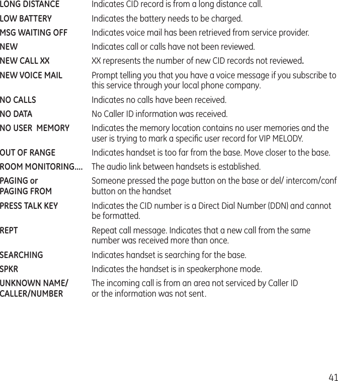41LONG DISTANCE   Indicates CID record is from a long distance call.LOW BATTERY   Indicates the battery needs to be charged. MSG WAITING OFF   Indicates voice mail has been retrieved from service provider.NEW  Indicates call or calls have not been reviewed.NEW CALL XX   XX represents the number of new CID records not reviewed.NEW VOICE MAIL  Prompt telling you that you have a voice message if you subscribe to this service through your local phone company.NO CALLS  Indicates no calls have been received.NO DATA  No Caller ID information was received.NO USER  MEMORY   Indicates the memory location contains no user memories and the user is trying to mark a speciﬁc user record for VIP MELODY.OUT OF RANGE   Indicates handset is too far from the base. Move closer to the base.ROOM MONITORING....   The audio link between handsets is established.PAGING or   Someone pressed the page button on the base or del/ intercom/conf PAGING FROM  button on the handsetPRESS TALK KEY  Indicates the CID number is a Direct Dial Number (DDN) and cannot be formatted.REPT  Repeat call message. Indicates that a new call from the same number was received more than once.SEARCHING   Indicates handset is searching for the base.SPKR   Indicates the handset is in speakerphone mode.UNKNOWN NAME/  The incoming call is from an area not serviced by Caller IDCALLER/NUMBER   or the information was not sent.