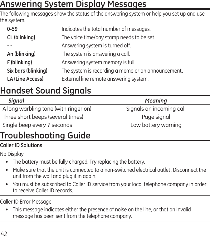 42Answering System Display MessagesThe following messages show the status of the answering system or help you set up and use the system.0-59  Indicates the total number of messages.CL (blinking)  The voice time/day stamp needs to be set.- -  Answering system is turned off.An (blinking)  The system is answering a call.F (blinking)  Answering system memory is full.Six bars (blinking)  The system is recording a memo or an announcement.LA (Line Access)  External line remote answering system. Handset Sound Signals  Signal  MeaningA long warbling tone (with ringer on)  Signals an incoming callThree short beeps (several times)  Page signalSingle beep every 7 seconds  Low battery warningTroubleshooting GuideCaller ID SolutionsNo Display•  The battery must be fully charged. Try replacing the battery.•  Make sure that the unit is connected to a non-switched electrical outlet. Disconnect the unit from the wall and plug it in again. •  You must be subscribed to Caller ID service from your local telephone company in order to receive Caller ID records.Caller ID Error Message  •  This message indicates either the presence of noise on the line, or that an invalid message has been sent from the telephone company. 