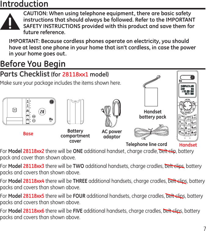 7IntroductionCAUTION: When using telephone equipment, there are basic safety instructions that should always be followed. Refer to the IMPORTANT SAFETY INSTRUCTIONS provided with this product and save them for future reference.IMPORTANT: Because cordless phones operate on electricity, you should have at least one phone in your home that isn’t cordless, in case the power in your home goes out.Before You BeginParts Checklist (for 28118xx1 model)Make sure your package includes the items shown here.HandsetTelephone line cordAC power adaptorHandset battery packBattery compartment coverFor Model 28118xx2 there will be ONE additional handset, charge cradle, belt clip, battery pack and cover than shown above.For Model 28118xx3 there will be TWO additional handsets, charge cradles, belt clips, battery packs and covers than shown above.For Model 28118xx4 there will be THREE additional handsets, charge cradles, belt clips, battery packs and covers than shown above.For Model 28118xx5 there will be FOUR additional handsets, charge cradles, belt clips, battery packs and covers than shown above.For Model 28118xx6 there will be FIVE additional handsets, charge cradles, belt clips, battery packs and covers than shown above.Base