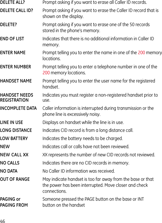 46DELETE ALL?  Prompt asking if you want to erase all Caller ID records.DELETE CALL ID?  Prompt asking if you want to erase the Caller ID record that is shown on the display.DELETE?  Prompt asking if you want to erase one of the 50 records stored in the phone’s memory.END OF LIST  Indicates that there is no additional information in Caller ID memory.ENTER NAME  Prompt telling you to enter the name in one of the 200 memory locations.ENTER NUMBER   Prompt telling you to enter a telephone number in one of the 200 memory locations.HANDSET NAME   Prompt telling you to enter the user name for the registered handset.HANDSET NEEDS  Indicates you must register a non-registered handset prior toREGISTRATION  use.    INCOMPLETE DATA  Caller information is interrupted during transmission or the  phone line is excessively noisy.LINE IN USE   Displays on handset while the line is in use.LONG DISTANCE  Indicates CID record is from a long distance call.LOW BATTERY  Indicates the battery needs to be charged.NEW  Indicates call or calls have not been reviewed.NEW CALL XX  XX represents the number of new CID records not reviewed.NO CALLS  Indicates there are no CID records in memory.NO DATA  No Caller ID information was received.OUT OF RANGE  May indicate handset is too far away from the base or that  the power has been interrupted. Move closer and check connections.PAGING or   Someone pressed the PAGE button on the base or INTPAGING FROM  button on the handset