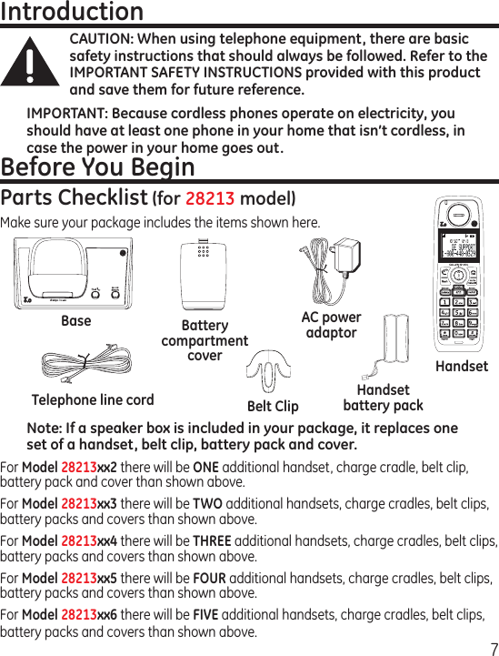 7HandsetTelephone line cordAC power adaptorHandset battery packBattery compartment coverBaseBelt ClipBefore You Begin Parts Checklist (for 28213 model)Make sure your package includes the items shown here.IntroductionCAUTION: When using telephone equipment, there are basic safety instructions that should always be followed. Refer to the IMPORTANT SAFETY INSTRUCTIONS provided with this product and save them for future reference.IMPORTANT: Because cordless phones operate on electricity, you should have at least one phone in your home that isn’t cordless, in case the power in your home goes out.Note: If a speaker box is included in your package, it replaces one set of a handset, belt clip, battery pack and cover.For Model 28213xx2 there will be ONE additional handset, charge cradle, belt clip, battery pack and cover than shown above.For Model 28213xx3 there will be TWO additional handsets, charge cradles, belt clips, battery packs and covers than shown above.For Model 28213xx4 there will be THREE additional handsets, charge cradles, belt clips, battery packs and covers than shown above.For Model 28213xx5 there will be FOUR additional handsets, charge cradles, belt clips, battery packs and covers than shown above.For Model 28213xx6 there will be FIVE additional handsets, charge cradles, belt clips, battery packs and covers than shown above.