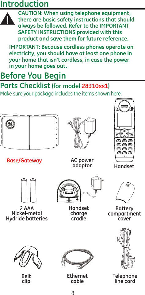 8IntroductionCAUTION: When using telephone equipment, there are basic safety instructions that should always be followed. Refer to the IMPORTANT SAFETY INSTRUCTIONS provided with this product and save them for future reference.IMPORTANT: Because cordless phones operate on electricity, you should have at least one phone in your home that isn’t cordless, in case the power  in your home goes out.Before You BeginParts Checklist (for model 28310xx1)Make sure your package includes the items shown here.Handset charge cradleAC power adaptor2 AAA  Nickel-metal Hydride batteriesBattery compartment coverBelt clipHandsetBase/GatewayEthernet cable Telephone line cord