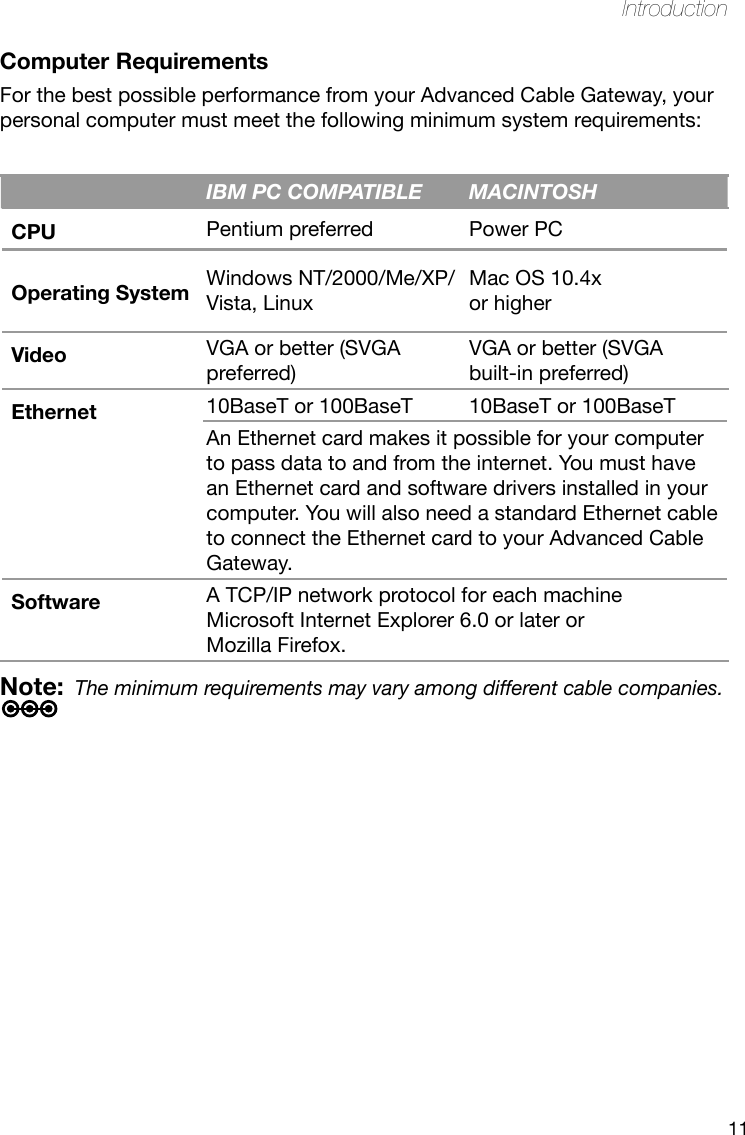 11IntroductionIBM PC COMPATIBLE MACINTOSHCPU Pentium preferred Power PCOperating System Windows NT/2000/Me/XP/Vista, LinuxMac OS 10.4xor higherVideo VGA or better (SVGA preferred)VGA or better (SVGA built-in preferred)Ethernet 10BaseT or 100BaseT 10BaseT or 100BaseTAn Ethernet card makes it possible for your computer to pass data to and from the internet. You must have an Ethernet card and software drivers installed in your computer. You will also need a standard Ethernet cable to connect the Ethernet card to your Advanced Cable Gateway.Software A TCP/IP network protocol for each machineMicrosoft Internet Explorer 6.0 or later or Mozilla Firefox.Computer RequirementsFor the best possible performance from your Advanced Cable Gateway, your personal computer must meet the following minimum system requirements:Note: The minimum requirements may vary among different cable companies. 