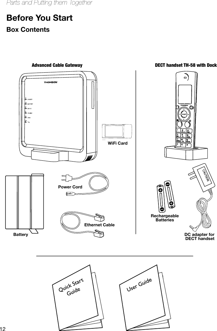 12Parts and Putting them TogetherBefore You StartBox ContentsCAUTIONAdvanced Cable GatewayBatteryRechargeableBatteriesDC adapter forDECT handsetEthernet CablePower CordWiFi CardDECT handset TH-58 with Dock