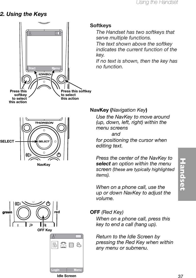 37HandsetUsing the HandsetLogin MenuOFF KeySoftkeysThe Handset has two softkeys that serve multiple functions. The text shown above the softkey indicates the current function of the key. If no text is shown, then the key has no function.NavKey (Navigation Key)Use the NavKey to move around (up, down, left, right) within the menu screens            and for positioning the cursor when editing text.Press the center of the NavKey to select an option within the menu screen (these are typically highlighted items).When on a phone call, use the up or down NavKey to adjust the volume.OFF (Red Key)When on a phone call, press this key to end a call (hang up).Return to the Idle Screen by pressing the Red Key when within any menu or submenu.NavKeySELECTPress this softkey to select this actionPress this softkey to select this action2. Using the KeysIdle Screen