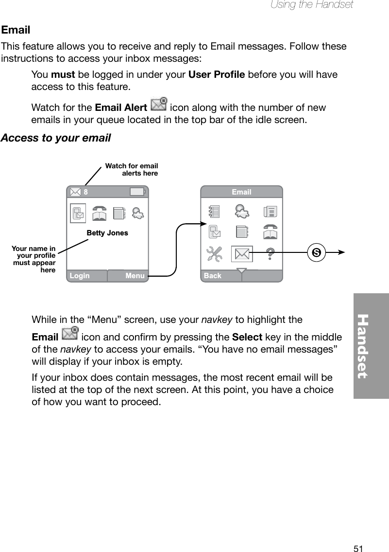 51HandsetUsing the HandsetEmailThis feature allows you to receive and reply to Email messages. Follow these instructions to access your inbox messages:You must be logged in under your User Prole before you will have access to this feature.Watch for the Email Alert  icon along with the number of new emails in your queue located in the top bar of the idle screen.Access to your emailWhile in the “Menu” screen, use your navkey to highlight the  Email  iconandconrmbypressingtheSelect key in the middle of the navkey to access your emails. “You have no email messages” will display if your inbox is empty. If your inbox does contain messages, the most recent email will be listed at the top of the next screen. At this point, you have a choice of how you want to proceed.Login MenuBetty Jones8BackEmailYour name in your prole must appear hereWatch for email alerts here