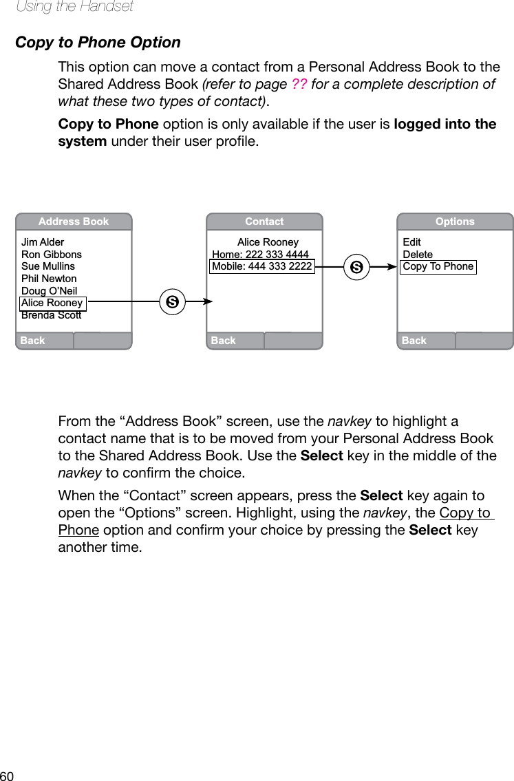 60Using the HandsetCopy to Phone OptionThis option can move a contact from a Personal Address Book to the Shared Address Book (refer to page ?? for a complete description of what these two types of contact).Copy to Phone option is only available if the user is logged into the systemundertheiruserprole.From the “Address Book” screen, use the navkey to highlight a contact name that is to be moved from your Personal Address Book to the Shared Address Book. Use the Select key in the middle of the navkeytoconrmthechoice.When the “Contact” screen appears, press the Select key again to open the “Options” screen. Highlight, using the navkey, the Copy to PhoneoptionandconrmyourchoicebypressingtheSelect key another time.BackAddress BookJim AlderRon GibbonsSue MullinsPhil NewtonDoug O’NeilAlice RooneyBrenda ScottBackOptionsEditDeleteCopy To PhoneBackContact         Alice RooneyHome: 222 333 4444Mobile: 444 333 2222