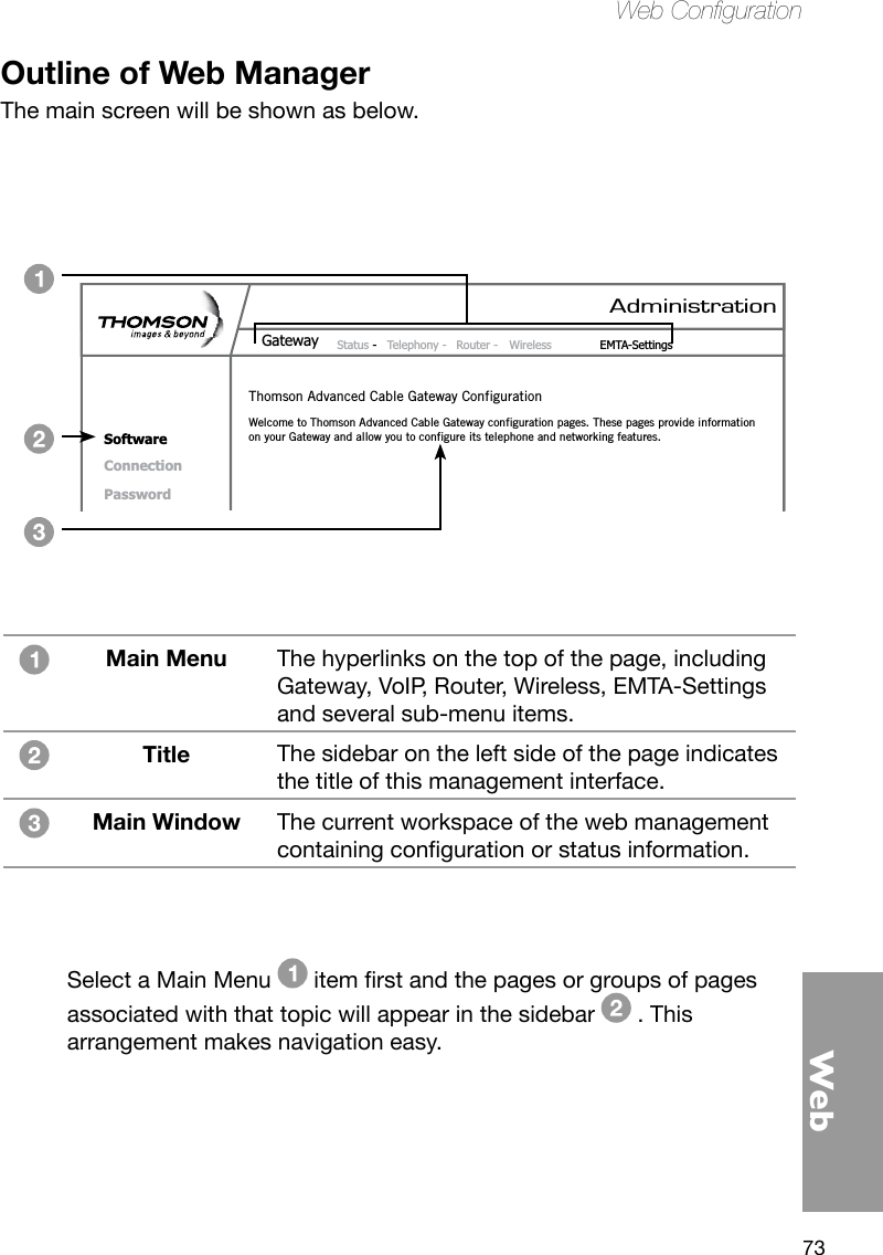 73WebWeb CongurationOutline of Web ManagerThe main screen will be shown as below.Select a Main Menu  itemrstandthepagesorgroupsofpagesassociated with that topic will appear in the sidebar   . This arrangement makes navigation easy. Main Menu The hyperlinks on the top of the page, including Gateway, VoIP, Router, Wireless, EMTA-Settings and several sub-menu items.Title The sidebar on the left side of the page indicates the title of this management interface.Main Window The current workspace of the web management containingcongurationorstatusinformation.AdministrationStatus -  Telephony -  Router -  Wireless  EMTA-SettingsGatewaySoftwareConnectionPasswordWelcome to Thomson Advanced Cable Gateway configuration pages. These pages provide informationon your Gateway and allow you to configure its telephone and networking features.Thomson Advanced Cable Gateway Configuration