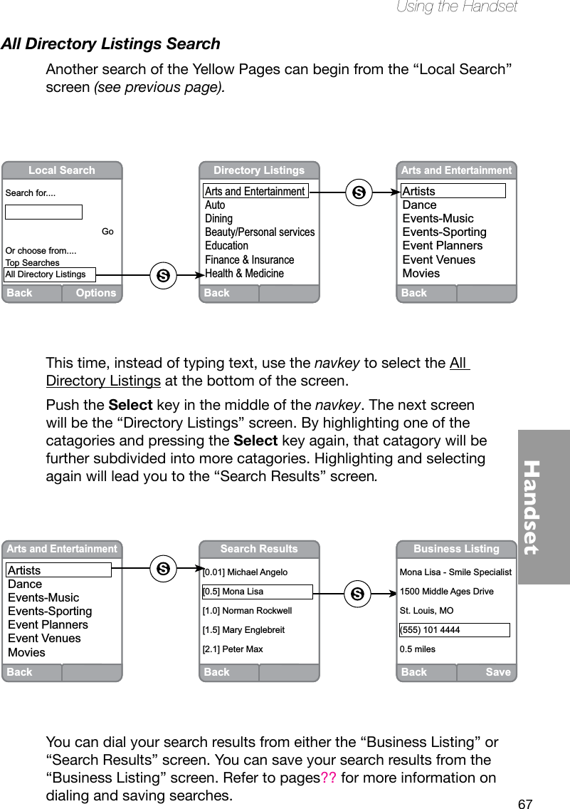 67HandsetUsing the HandsetAll Directory Listings SearchAnother search of the Yellow Pages can begin from the “Local Search” screen (see previous page). BackArts and EntertainmentArtistsDanceEvents-MusicEvents-SportingEvent PlannersEvent VenuesMoviesBackDirectory ListingsArts and EntertainmentAutoDiningBeauty/Personal servicesEducationFinance &amp; InsuranceHealth &amp; MedicineBackOptionsLocal SearchSearch for....                                        GoOr choose from....Top SearchesAll Directory ListingsBackSearch Results[0.01] Michael Angelo[0.5] Mona Lisa[1.0] Norman Rockwell[1.5] Mary Englebreit[2.1] Peter MaxBackArts and EntertainmentArtistsDanceEvents-MusicEvents-SportingEvent PlannersEvent VenuesMoviesBackSaveBusiness ListingMona Lisa - Smile Specialist1500 Middle Ages DriveSt. Louis, MO(555) 101 44440.5 milesThis time, instead of typing text, use the navkey to select the All Directory Listings at the bottom of the screen.Push the Select key in the middle of the navkey. The next screen will be the “Directory Listings” screen. By highlighting one of the catagories and pressing the Select key again, that catagory will be further subdivided into more catagories. Highlighting and selecting again will lead you to the “Search Results” screen. You can dial your search results from either the “Business Listing” or “Search Results” screen. You can save your search results from the “Business Listing” screen. Refer to pages?? for more information on dialing and saving searches. 
