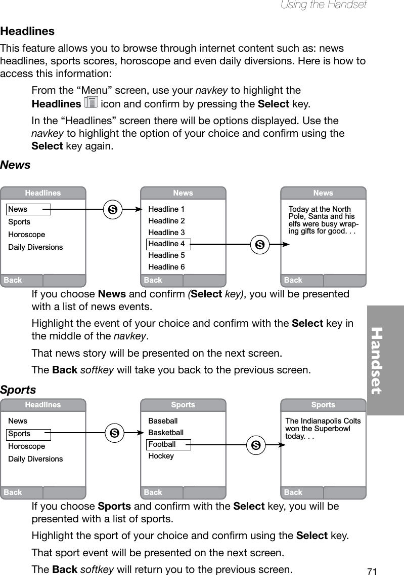 71HandsetUsing the HandsetHeadlinesThis feature allows you to browse through internet content such as: news headlines, sports scores, horoscope and even daily diversions. Here is how to access this information:From the “Menu” screen, use your navkey to highlight the  Headlines iconandconrmbypressingtheSelect key.In the “Headlines” screen there will be options displayed. Use the navkeytohighlighttheoptionofyourchoiceandconrmusingtheSelect key again.NewsIf you choose Newsandconrm(Select key), you will be presented with a list of news events. HighlighttheeventofyourchoiceandconrmwiththeSelect key in the middle of the navkey. That news story will be presented on the next screen. The Back softkey will take you back to the previous screen.SportsBackHeadlinesNewsSportsHoroscopeDaily Diversions BackNewsHeadline 1Headline 2Headline 3Headline 4Headline 5Headline 6 BackNewsToday at the North Pole, Santa and hiselfs were busy wrap-ing gifts for good. . . BackSportsThe Indianapolis Coltswon the Superbowltoday. . .  BackSportsBaseballBasketballFootballHockeyBackHeadlinesNewsSportsHoroscopeDaily Diversions If you choose SportsandconrmwiththeSelect key, you will be presented with a list of sports.HighlightthesportofyourchoiceandconrmusingtheSelect key. That sport event will be presented on the next screen. The Back softkey will return you to the previous screen.