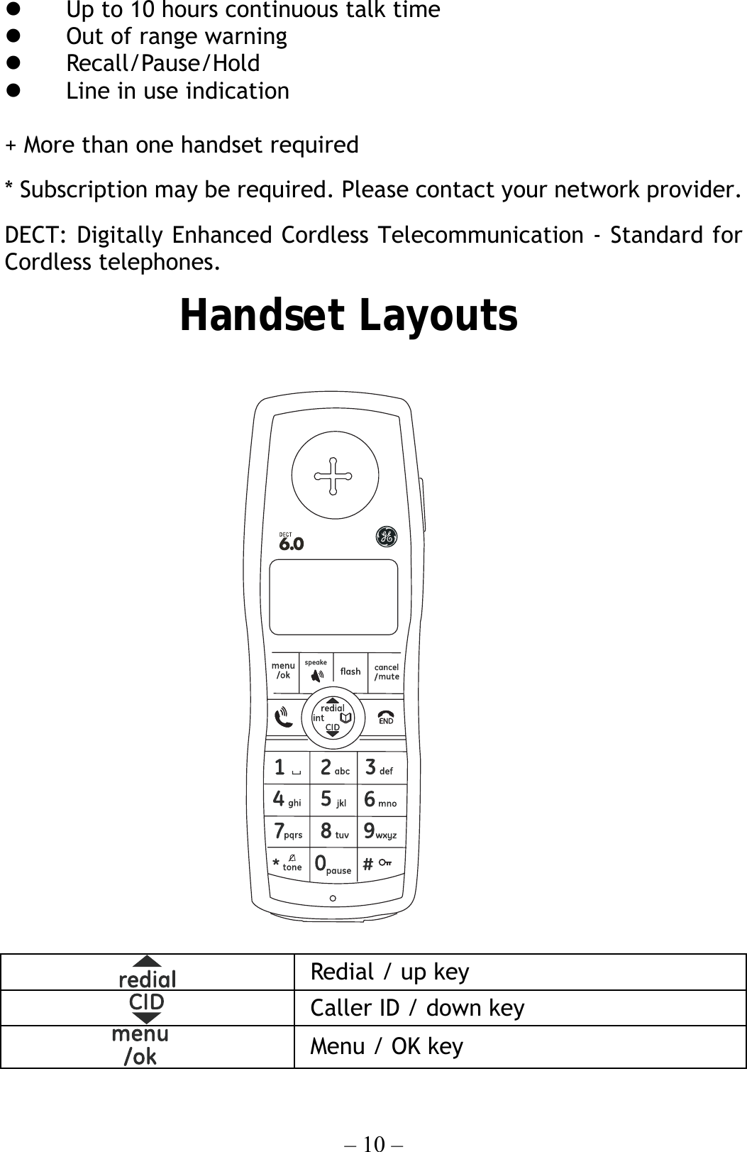 – 10 –   Up to 10 hours continuous talk time   Out of range warning   Recall/Pause/Hold   Line in use indication  + More than one handset required * Subscription may be required. Please contact your network provider. DECT: Digitally Enhanced Cordless Telecommunication - Standard for Cordless telephones. Handset Layouts     Redial / up key  Caller ID / down key  Menu / OK key 