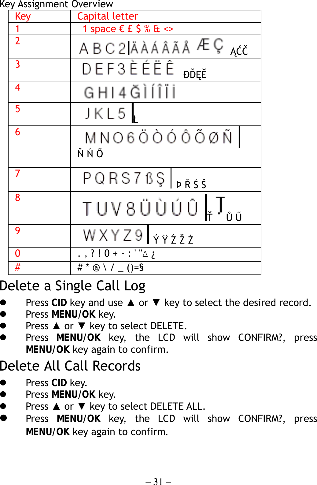 – 31 –  Key Assignment Overview Key Capital letter 1  1 space € £ $ % &amp; &lt;&gt; 2      ĄĆČ 3   ÐĎĘĔ 4     5  Ł 6  Ň Ń Ő 7   Þ Ř Ś Š 8 Ť Ů Ű 9   Ý Ÿ Ź Ž Ż 0  . , ? ! 0 + - : &apos; &quot;Δ ¿ #  # * @ \ / _ ()=§ Delete a Single Call Log   Press CID key and use ▲ or ▼ key to select the desired record.   Press MENU/OK key.   Press ▲ or ▼ key to select DELETE.   Press  MENU/OK key, the LCD will show CONFIRM?, press MENU/OK key again to confirm. Delete All Call Records   Press CID key.   Press MENU/OK key.   Press ▲ or ▼ key to select DELETE ALL.   Press  MENU/OK key, the LCD will show CONFIRM?, press MENU/OK key again to confirm. 