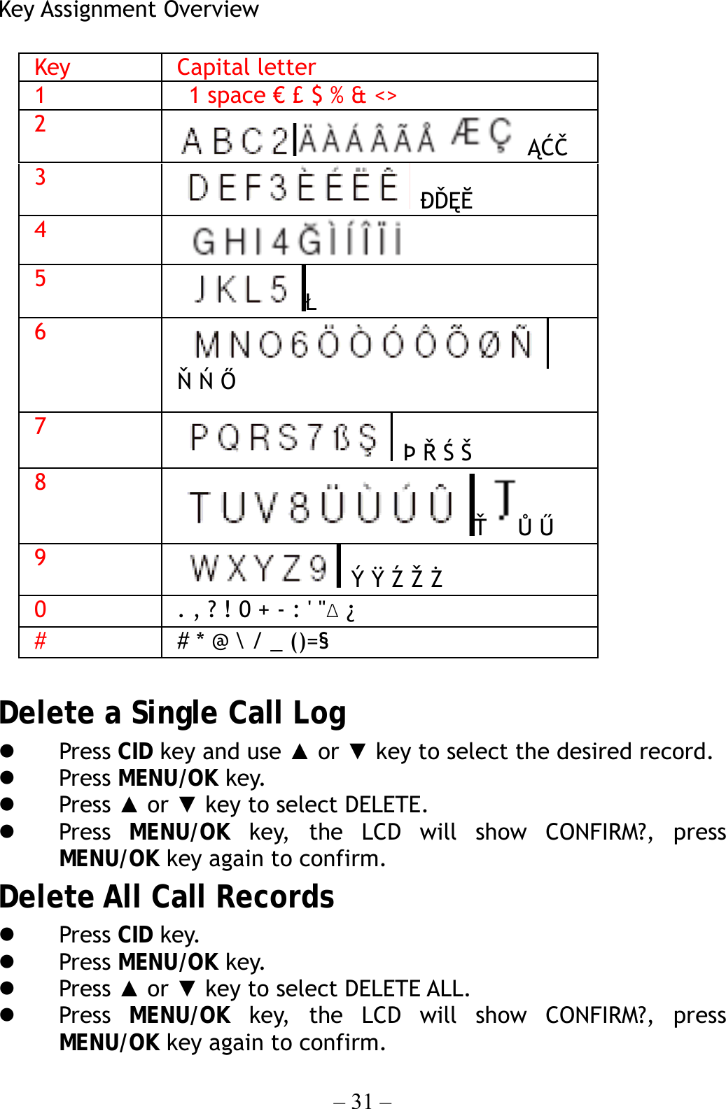 – 31 –  Key Assignment Overview  Key Capital letter 1  1 space € £ $ % &amp; &lt;&gt; 2      ĄĆČ 3   ÐĎĘĔ 4     5  Ł 6  Ň Ń Ő 7   Þ Ř Ś Š 8 Ť Ů Ű 9   Ý Ÿ Ź Ž Ż 0  . , ? ! 0 + - : &apos; &quot;Δ ¿ #  # * @ \ / _ ()=§  Delete a Single Call Log   Press CID key and use ▲ or ▼ key to select the desired record.   Press MENU/OK key.   Press ▲ or ▼ key to select DELETE.   Press  MENU/OK key, the LCD will show CONFIRM?, press MENU/OK key again to confirm. Delete All Call Records   Press CID key.   Press MENU/OK key.   Press ▲ or ▼ key to select DELETE ALL.   Press  MENU/OK key, the LCD will show CONFIRM?, press MENU/OK key again to confirm. 
