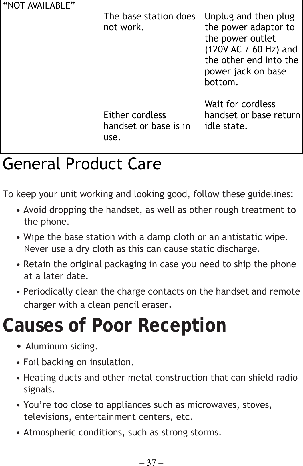 – 37 – “NOT AVAILABLE”     The base station does not work.        Either cordless handset or base is in use.   Unplug and then plug the power adaptor to the power outlet (120V AC / 60 Hz) and the other end into the power jack on base bottom.  Wait for cordless handset or base return idle state. General Product Care  To keep your unit working and looking good, follow these guidelines: • Avoid dropping the handset, as well as other rough treatment to the phone. • Wipe the base station with a damp cloth or an antistatic wipe. Never use a dry cloth as this can cause static discharge. • Retain the original packaging in case you need to ship the phone at a later date. • Periodically clean the charge contacts on the handset and remote charger with a clean pencil eraser. Causes of Poor Reception • Aluminum siding. • Foil backing on insulation. • Heating ducts and other metal construction that can shield radio signals. • You’re too close to appliances such as microwaves, stoves, televisions, entertainment centers, etc. • Atmospheric conditions, such as strong storms. 