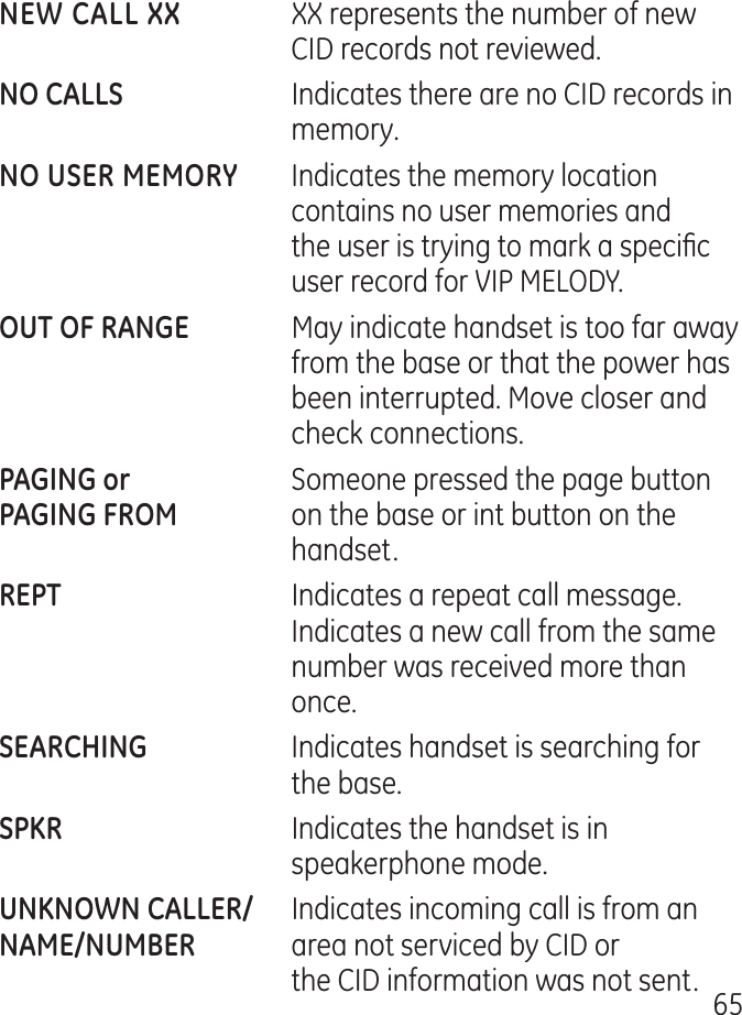 65  XX represents the number of new CID records not reviewed.    Indicates there are no CID records in memory. Indicates the memory location contains no user memories and  the user is trying to mark a specic user record for VIP MELODY.  May indicate handset is too far away from the base or that the power has been interrupted. Move closer and check connections.  Someone pressed the page button   on the base or int button on the handset.    Indicates a repeat call message. Indicates a new call from the same number was received more than once.    Indicates handset is searching for the base.    Indicates the handset is in speakerphone mode.  Indicates incoming call is from an area not serviced by CID or  the CID information was not sent.