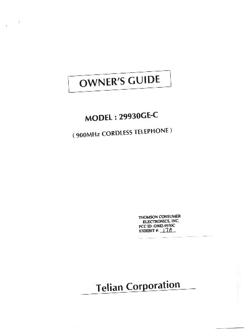 900 MHz CORDLESS TELEPHONE User Manual