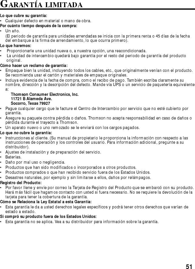 Modelo 2773015495120 (Rev. 2 E/S)01-00Impreso en ThailandP.O. Box 1976, Indianapolis, IN 46206© 2000 Thomson Consumer Electronics, Inc.Trademark(s) ® RegisteredMarca(s) Registrada(s)