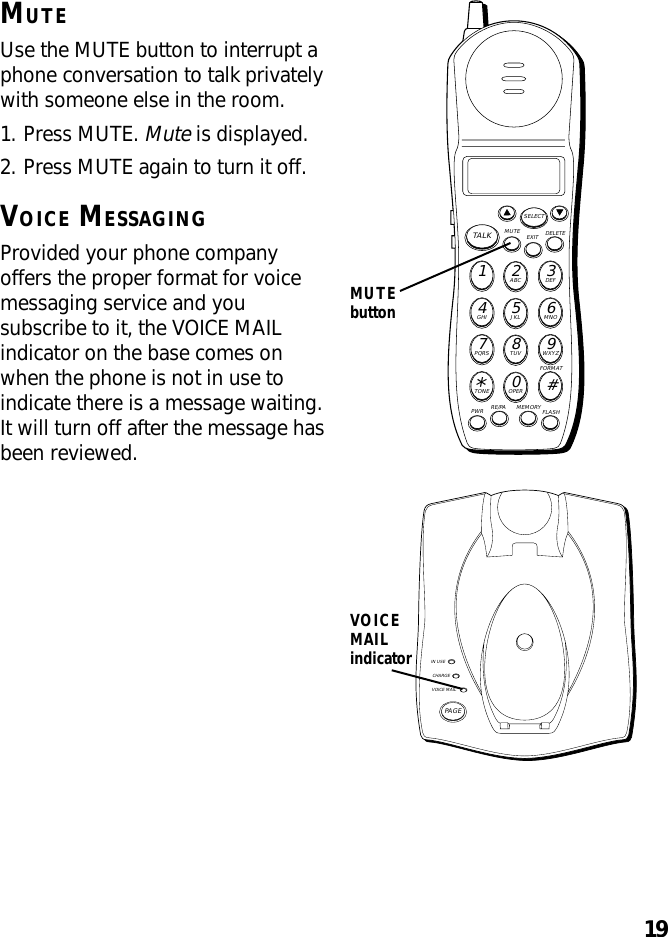 19MUTEUse the MUTE button to interrupt aphone conversation to talk privatelywith someone else in the room.1. Press MUTE. Mute is displayed.2. Press MUTE again to turn it off.VOICE MESSAGINGProvided your phone companyoffers the proper format for voicemessaging service and yousubscribe to it, the VOICE MAILindicator on the base comes onwhen the phone is not in use toindicate there is a message waiting.It will turn off after the message hasbeen reviewed.VOICEMAILindicatorIN USECHARGEVOICE MAILPAGEMUTE DELETEEXITTALKSELECTWXYZ9TUV8PQRS7MNO6JKL5GHI4DEF3ABC21#OPER0TONE*PWR RE/PA MEMORY FLASHFORMATMUTEbutton