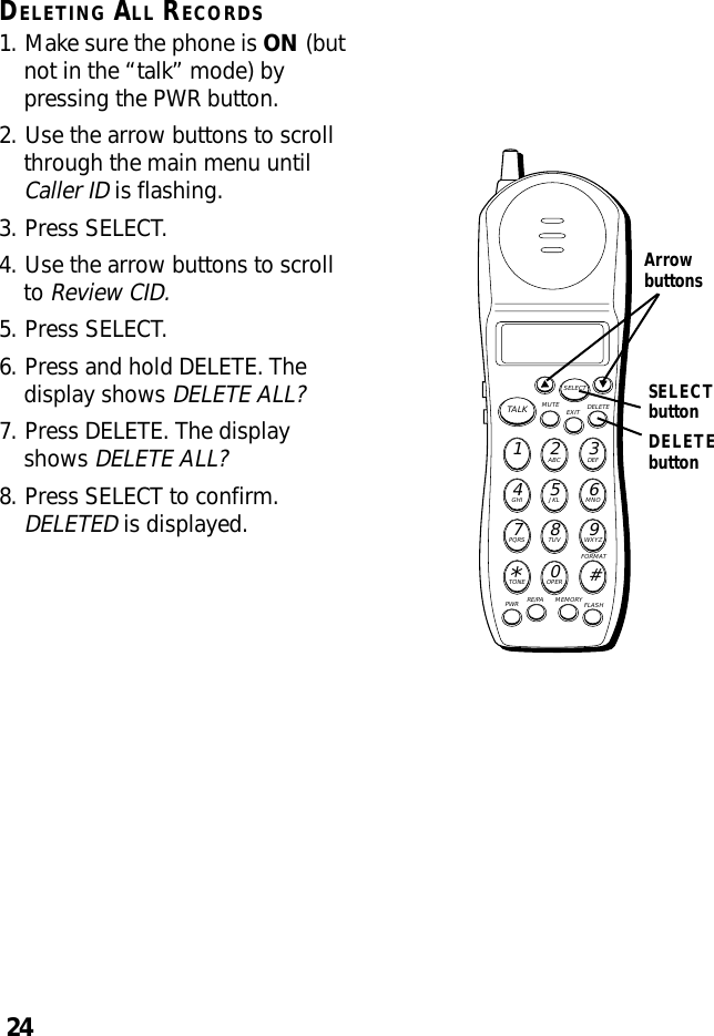 24DELETING ALL RECORDS1. Make sure the phone is ON (butnot in the “talk” mode) bypressing the PWR button.2. Use the arrow buttons to scrollthrough the main menu untilCaller ID is flashing.3. Press SELECT.4. Use the arrow buttons to scrollto Review CID.5. Press SELECT.6. Press and hold DELETE. Thedisplay shows DELETE ALL?7. Press DELETE. The displayshows DELETE ALL?8. Press SELECT to confirm.DELETED is displayed.DELETEbuttonMUTE DELETEEXITTALKSELECTWXYZ9TUV8PQRS7MNO6JKL5GHI4DEF3ABC21#OPER0TONE*PWR RE/PA MEMORY FLASHFORMATSELECTbuttonArrowbuttons