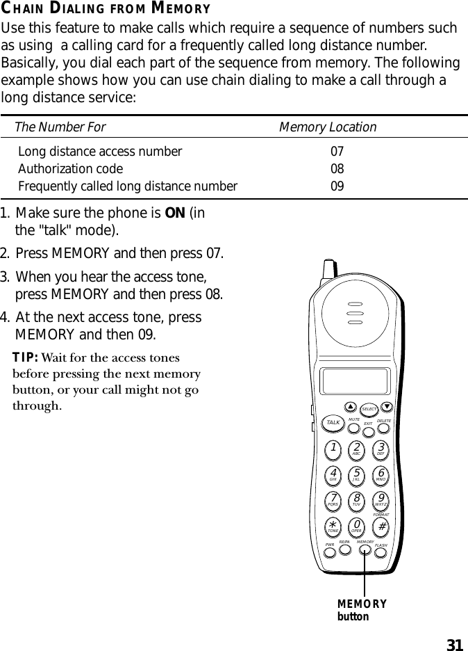 31CHAIN DIALING FROM MEMORYUse this feature to make calls which require a sequence of numbers suchas using  a calling card for a frequently called long distance number.Basically, you dial each part of the sequence from memory. The followingexample shows how you can use chain dialing to make a call through along distance service:The Number For Memory LocationLong distance access number 07Authorization code 08Frequently called long distance number 09MEMORYbuttonMUTE DELETEEXITTALKSELECTWXYZ9TUV8PQRS7MNO6JKL5GHI4DEF3ABC21#OPER0TONE*PWR RE/PA MEMORY FLASHFORMAT1. Make sure the phone is ON (inthe &quot;talk&quot; mode).2. Press MEMORY and then press 07.3. When you hear the access tone,press MEMORY and then press 08.4. At the next access tone, pressMEMORY and then 09.TIP: Wait for the access tonesbefore pressing the next memorybutton, or your call might not gothrough.