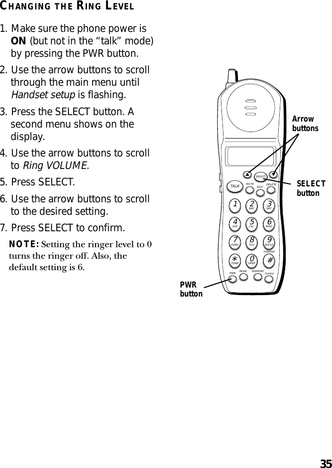 35CHANGING THE RING LEVEL1. Make sure the phone power isON (but not in the “talk” mode)by pressing the PWR button.2. Use the arrow buttons to scrollthrough the main menu untilHandset setup is flashing.3. Press the SELECT button. Asecond menu shows on thedisplay.4. Use the arrow buttons to scrollto Ring VOLUME.5. Press SELECT.6. Use the arrow buttons to scrollto the desired setting.7. Press SELECT to confirm.NOTE: Setting the ringer level to 0turns the ringer off. Also, thedefault setting is 6.MUTE DELETEEXITTALKSELECTWXYZ9TUV8PQRS7MNO6JKL5GHI4DEF3ABC21#OPER0TONE*PWR RE/PA MEMORY FLASHFORMATSELECTbuttonArrowbuttonsPWRbutton