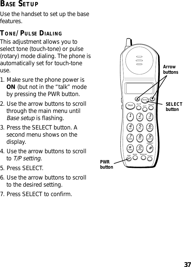 37BASE SETUPUse the handset to set up the basefeatures.TONE/PULSE DIALINGThis adjustment allows you toselect tone (touch-tone) or pulse(rotary) mode dialing. The phone isautomatically set for touch-toneuse.1. Make sure the phone power isON (but not in the “talk” modeby pressing the PWR button.2. Use the arrow buttons to scrollthrough the main menu untilBase setup is flashing.3. Press the SELECT button. Asecond menu shows on thedisplay.4. Use the arrow buttons to scrollto T/P setting.5. Press SELECT.6. Use the arrow buttons to scrollto the desired setting.7. Press SELECT to confirm.MUTE DELETEEXITTALKSELECTWXYZ9TUV8PQRS7MNO6JKL5GHI4DEF3ABC21#OPER0TONE*PWR RE/PA MEMORY FLASHFORMATSELECTbuttonArrowbuttonsPWRbutton