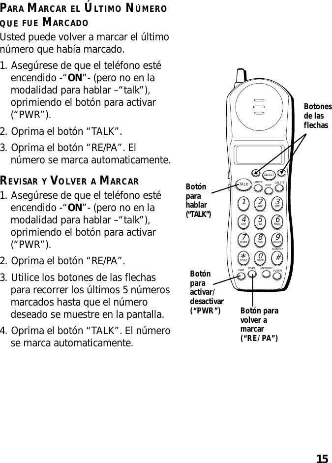 15PARA MARCAR EL ÚLTIMO NÚMEROQUE FUE MARCADOUsted puede volver a marcar el últimonúmero que había marcado.1. Asegúrese de que el teléfono estéencendido -“ON”- (pero no en lamodalidad para hablar –“talk”),oprimiendo el botón para activar(“PWR”).2. Oprima el botón “TALK”.3. Oprima el botón “RE/PA”. Elnúmero se marca automaticamente.REVISAR Y VOLVER A MARCAR1. Asegúrese de que el teléfono estéencendido -“ON”- (pero no en lamodalidad para hablar –“talk”),oprimiendo el botón para activar(“PWR”).2. Oprima el botón “RE/PA”.3. Utilice los botones de las flechaspara recorrer los últimos 5 númerosmarcados hasta que el númerodeseado se muestre en la pantalla.4. Oprima el botón “TALK”. El númerose marca automaticamente.MUTE DELETEEXITTALKSELECTWXYZ9TUV8PQRS7MNO6JKL5GHI4DEF3ABC21#OPER0TONE*PWR RE/PA MEMORY FLASHFORMATBotón paravolver amarcar(“RE/PA”)Botónparahablar(“TALK”)Botónparaactivar/desactivar(“PWR”)Botonesde lasflechas