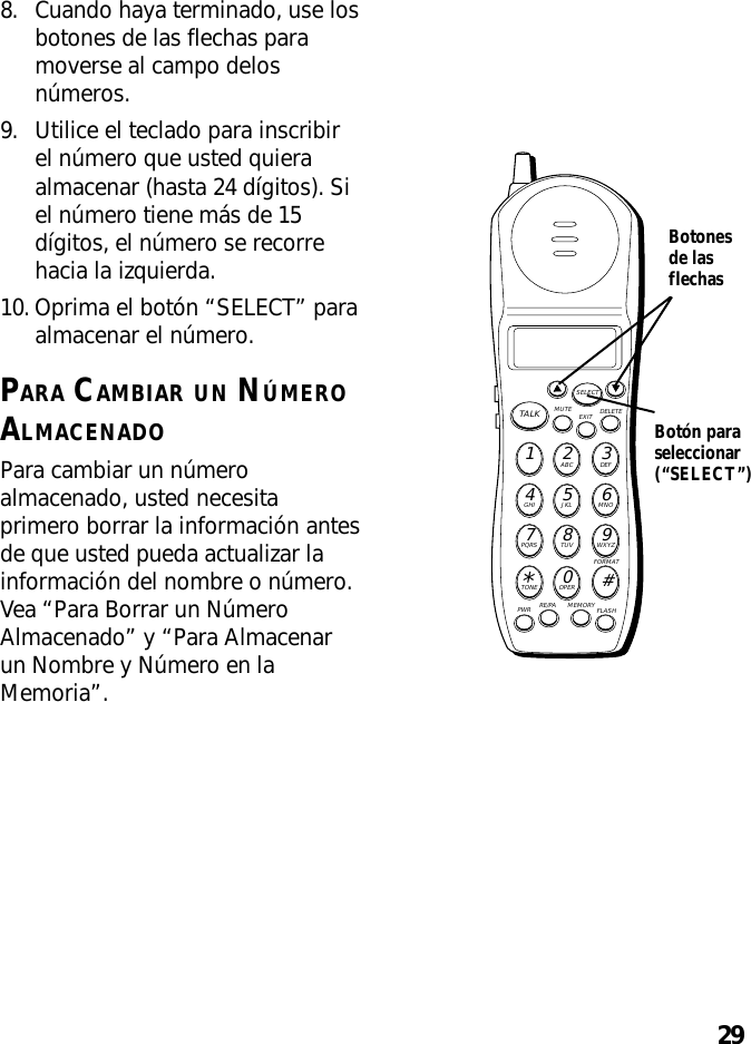 298. Cuando haya terminado, use losbotones de las flechas paramoverse al campo delosnúmeros.9. Utilice el teclado para inscribirel número que usted quieraalmacenar (hasta 24 dígitos). Siel número tiene más de 15dígitos, el número se recorrehacia la izquierda.10. Oprima el botón “SELECT” paraalmacenar el número.PARA CAMBIAR UN NÚMEROALMACENADOPara cambiar un númeroalmacenado, usted necesitaprimero borrar la información antesde que usted pueda actualizar lainformación del nombre o número.Vea “Para Borrar un NúmeroAlmacenado” y “Para Almacenarun Nombre y Número en laMemoria”.MUTE DELETEEXITTALKSELECTWXYZ9TUV8PQRS7MNO6JKL5GHI4DEF3ABC21#OPER0TONE*PWR RE/PA MEMORY FLASHFORMATBotonesde lasflechasBotón paraseleccionar(“SELECT”)