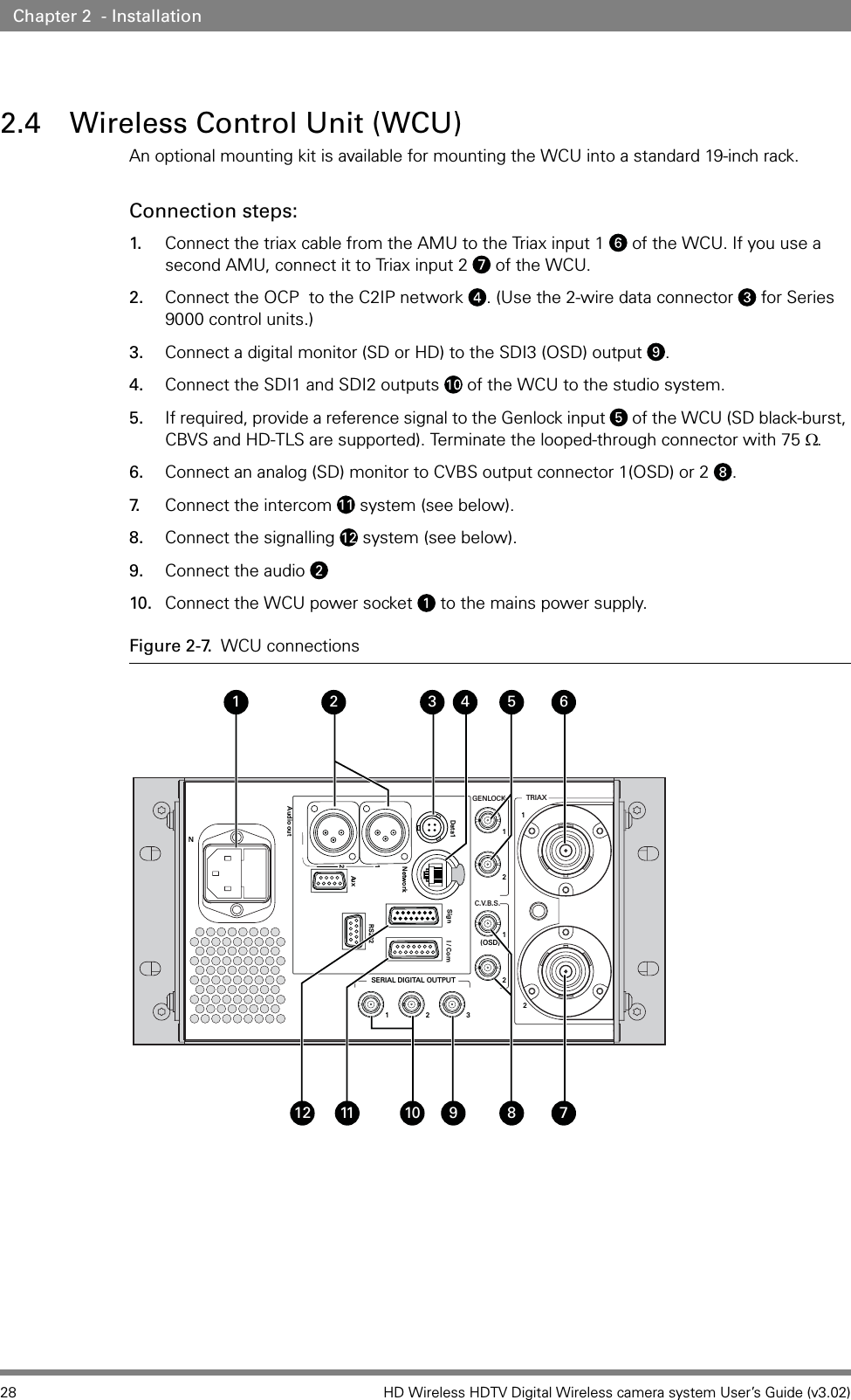 28 HD Wireless HDTV Digital Wireless camera system User’s Guide (v3.02)Chapter 2  - Installation2.4 Wireless Control Unit (WCU)An optional mounting kit is available for mounting the WCU into a standard 19-inch rack. Connection steps:1. Connect the triax cable from the AMU to the Triax input 1   of the WCU. If you use a second AMU, connect it to Triax input 2   of the WCU.2. Connect the OCP  to the C2IP network  . (Use the 2-wire data connector   for Series 9000 control units.)3. Connect a digital monitor (SD or HD) to the SDI3 (OSD) output  .4. Connect the SDI1 and SDI2 outputs   of the WCU to the studio system.5. If required, provide a reference signal to the Genlock input   of the WCU (SD black-burst, CBVS and HD-TLS are supported). Terminate the looped-through connector with 75 Ω.6. Connect an analog (SD) monitor to CVBS output connector 1(OSD) or 2  .7. Connect the intercom   system (see below).8. Connect the signalling   system (see below). 9. Connect the audio   10. Connect the WCU power socket   to the mains power supply. Figure 2-7. WCU connectionsTRIAXGENLOCKC.V.B.S.12(OSD)SERIAL DIGITAL OUTPUT12NData1Aux Sign I / ComRS232 2Audio out112123Network1 2 3 4 5 6789101112