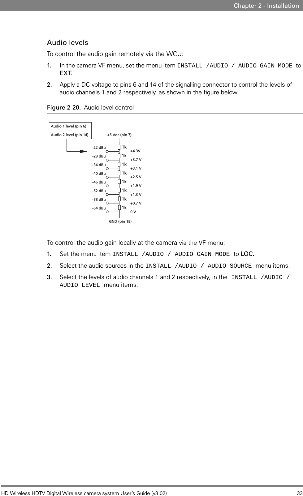 HD Wireless HDTV Digital Wireless camera system User’s Guide (v3.02) 33Chapter 2 - InstallationAudio levelsTo control the audio gain remotely via the WCU:1. In the camera VF menu, set the menu item INSTALL /AUDIO / AUDIO GAIN MODE to EXT.2. Apply a DC voltage to pins 6 and 14 of the signalling connector to control the levels of audio channels 1 and 2 respectively, as shown in the figure below. Figure 2-20. Audio level controlTo control the audio gain locally at the camera via the VF menu:1. Set the menu item INSTALL /AUDIO / AUDIO GAIN MODE to LOC.2. Select the audio sources in the INSTALL /AUDIO / AUDIO SOURCE menu items.3. Select the levels of audio channels 1 and 2 respectively, in the INSTALL /AUDIO / AUDIO LEVEL menu items. -22 dBu-28 dBu-34 dBu-40 dBu-46 dBu-52 dBu-58 dBu-64 dBu1k1k1k1k1k1k1k1k+5 Vdc (pin 7)Audio 1 level (pin 6)Audio 2 level (pin 14) GND (pin 15)+4.3V+3.7 V +3.1 V +2.5 V +1.9 V +1.3 V+0.7 V 0 V 