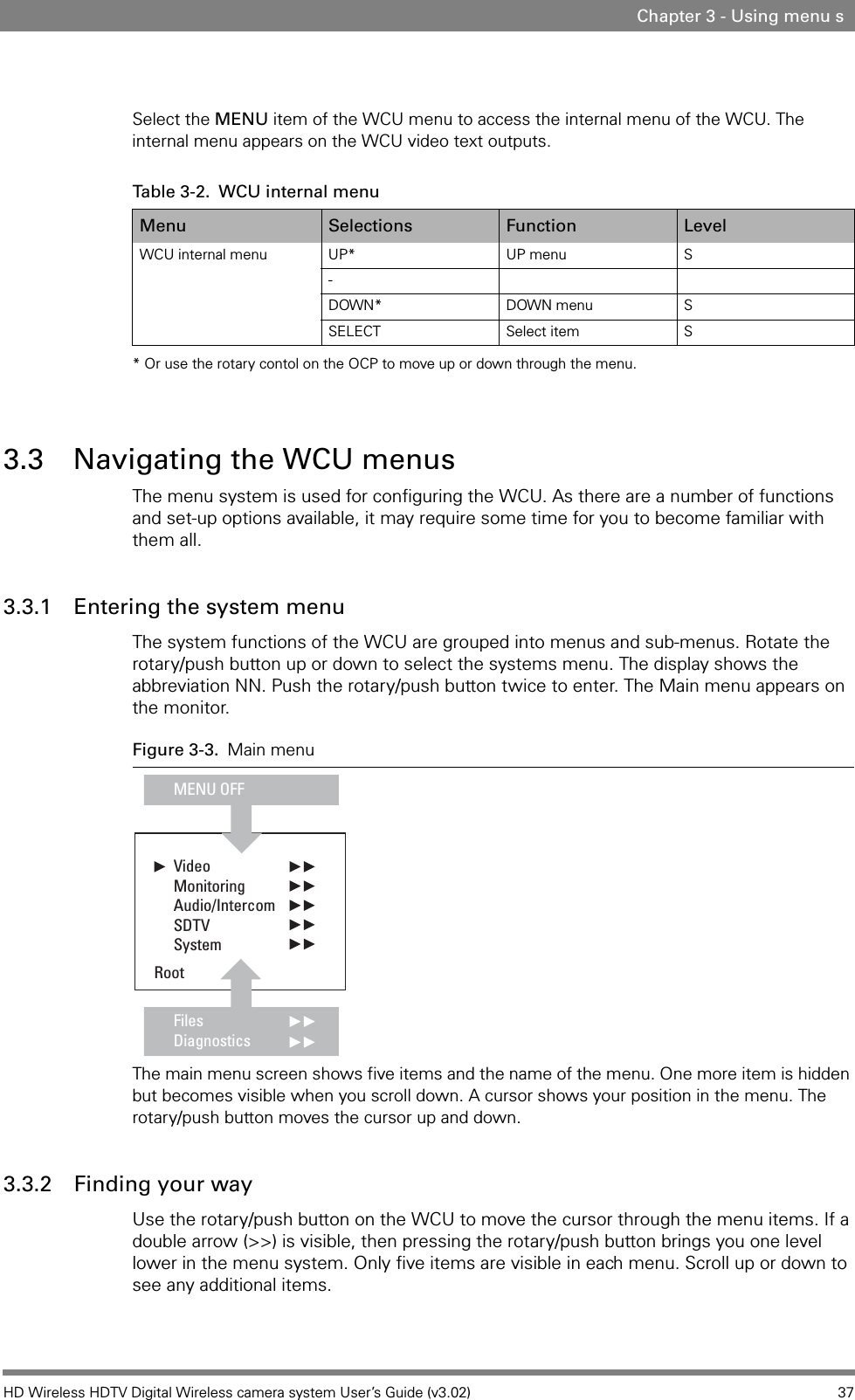 HD Wireless HDTV Digital Wireless camera system User’s Guide (v3.02) 37Chapter 3 - Using menu sSelect the MENU item of the WCU menu to access the internal menu of the WCU. The internal menu appears on the WCU video text outputs.* Or use the rotary contol on the OCP to move up or down through the menu.3.3 Navigating the WCU menusThe menu system is used for configuring the WCU. As there are a number of functions and set-up options available, it may require some time for you to become familiar with them all. 3.3.1 Entering the system menuThe system functions of the WCU are grouped into menus and sub-menus. Rotate the rotary/push button up or down to select the systems menu. The display shows the abbreviation NN. Push the rotary/push button twice to enter. The Main menu appears on the monitor.Figure 3-3. Main menuThe main menu screen shows five items and the name of the menu. One more item is hidden but becomes visible when you scroll down. A cursor shows your position in the menu. The rotary/push button moves the cursor up and down.3.3.2 Finding your wayUse the rotary/push button on the WCU to move the cursor through the menu items. If a double arrow (&gt;&gt;) is visible, then pressing the rotary/push button brings you one level lower in the menu system. Only five items are visible in each menu. Scroll up or down to see any additional items.Table 3-2.  WCU internal menuMenu Selections Function LevelWCU internal menu UP* UP menu S-DOWN* DOWN menu SSELECT Select item SVideoMonitoringAudio/IntercomSDTVSystemMENU OFF RootFilesDiagnostics