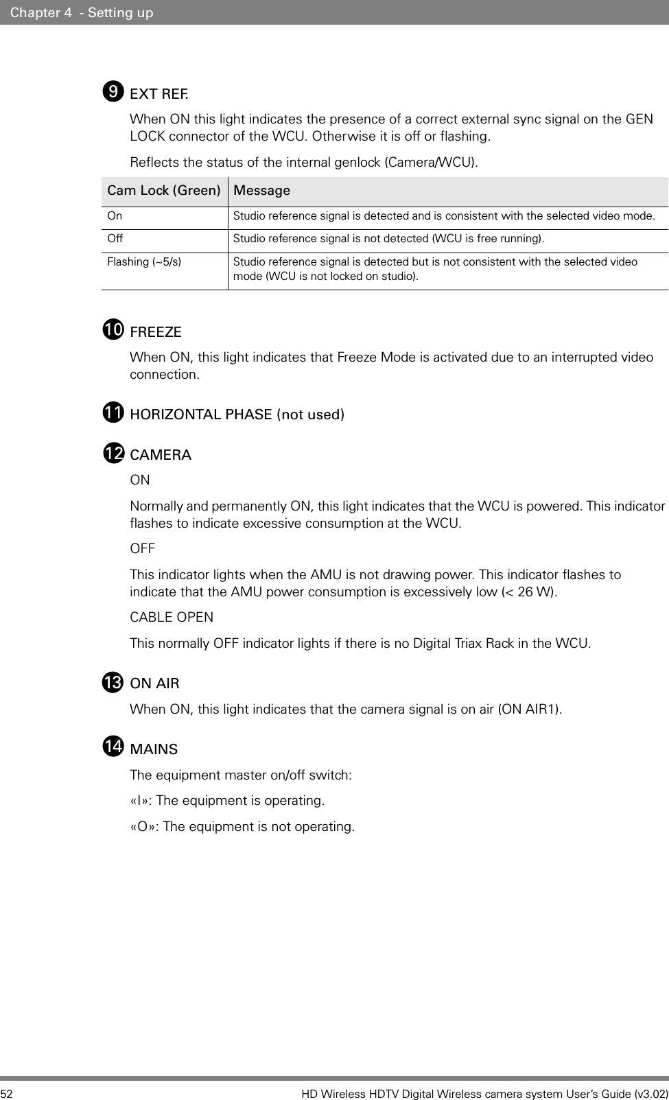 52 HD Wireless HDTV Digital Wireless camera system User’s Guide (v3.02)Chapter 4  - Setting upEXT REF.When ON this light indicates the presence of a correct external sync signal on the GEN LOCK connector of the WCU. Otherwise it is off or flashing.Reflects the status of the internal genlock (Camera/WCU).FREEZEWhen ON, this light indicates that Freeze Mode is activated due to an interrupted video connection.HORIZONTAL PHASE (not used)CAMERAONNormally and permanently ON, this light indicates that the WCU is powered. This indicator flashes to indicate excessive consumption at the WCU.  OFFThis indicator lights when the AMU is not drawing power. This indicator flashes to indicate that the AMU power consumption is excessively low (&lt; 26 W).CABLE OPENThis normally OFF indicator lights if there is no Digital Triax Rack in the WCU.ON AIRWhen ON, this light indicates that the camera signal is on air (ON AIR1).MAINSThe equipment master on/off switch: «I»: The equipment is operating.«O»: The equipment is not operating.Cam Lock (Green) MessageOn Studio reference signal is detected and is consistent with the selected video mode.Off Studio reference signal is not detected (WCU is free running).Flashing (~5/s) Studio reference signal is detected but is not consistent with the selected video mode (WCU is not locked on studio).1313