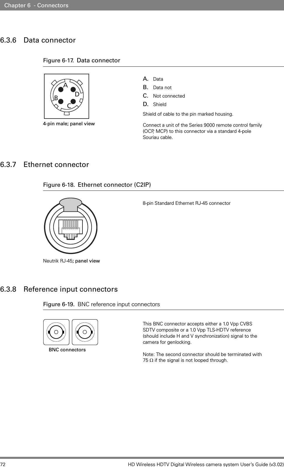 72 HD Wireless HDTV Digital Wireless camera system User’s Guide (v3.02)Chapter 6  - Connectors6.3.6 Data connectorFigure 6-17. Data connector6.3.7 Ethernet connectorFigure 6-18. Ethernet connector (C2IP)6.3.8 Reference input connectorsFigure 6-19. BNC reference input connectors DBCAA. Data B. Data notC. Not connectedD. ShieldShield of cable to the pin marked housing. Connect a unit of the Series 9000 remote control family (OCP, MCP) to this connector via a standard 4-pole Souriau cable.4-pin male; panel view Neutrik RJ-45; panel view 8-pin Standard Ethernet RJ-45 connectorThis BNC connector accepts either a 1.0 Vpp CVBS SDTV composite or a 1.0 Vpp TLS-HDTV reference (should include H and V synchronization) signal to the camera for genlocking.   Note: The second connector should be terminated with 75 Ω if the signal is not looped through.BNC connectors