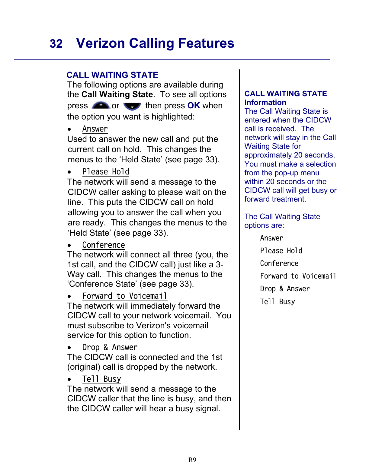     32 Verizon Calling Features    R9 CALL WAITING STATE The following options are available during the Call Waiting State.  To see all options press  or   then press OK when the option you want is highlighted:  •  Answer Used to answer the new call and put the current call on hold.  This changes the menus to the ‘Held State’ (see page 33). •  Please Hold The network will send a message to the CIDCW caller asking to please wait on the line.  This puts the CIDCW call on hold allowing you to answer the call when you are ready.  This changes the menus to the ‘Held State’ (see page 33). •  Conference The network will connect all three (you, the 1st call, and the CIDCW call) just like a 3-Way call.  This changes the menus to the ‘Conference State’ (see page 33). •  Forward to Voicemail The network will immediately forward the CIDCW call to your network voicemail.  You must subscribe to Verizon&apos;s voicemail service for this option to function. •  Drop &amp; Answer The CIDCW call is connected and the 1st (original) call is dropped by the network. •  Tell Busy The network will send a message to the CIDCW caller that the line is busy, and then the CIDCW caller will hear a busy signal.   CALL WAITING STATE Information The Call Waiting State is entered when the CIDCW call is received.  The network will stay in the Call Waiting State for approximately 20 seconds.  You must make a selection from the pop-up menu within 20 seconds or the CIDCW call will get busy or forward treatment.  The Call Waiting State options are: Answer Please Hold Conference Forward to Voicemail Drop &amp; Answer Tell Busy     