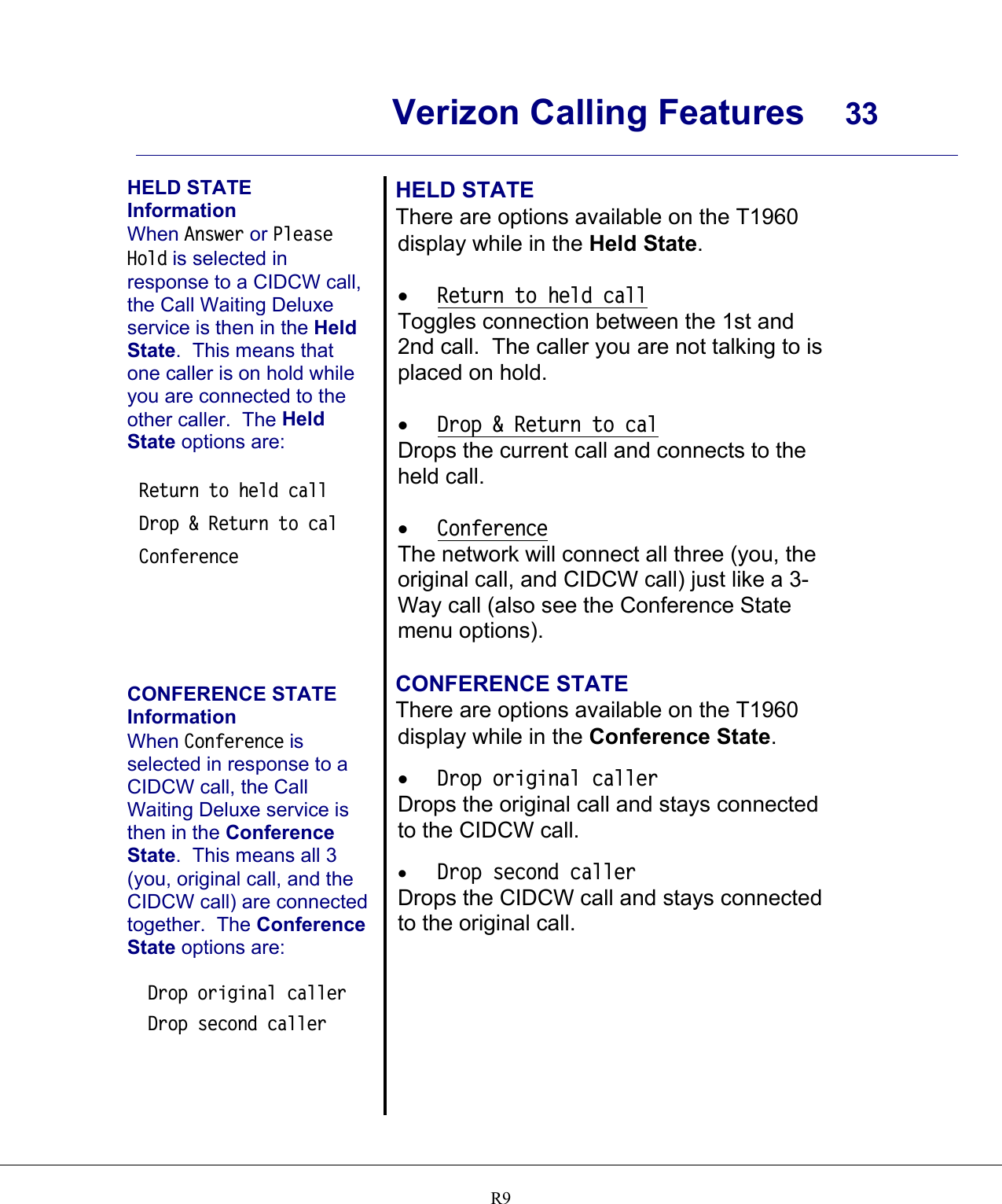      Verizon Calling Features  33    R9HELD STATE Information When Answer or Please Hold is selected in response to a CIDCW call, the Call Waiting Deluxe service is then in the Held State.  This means that one caller is on hold while you are connected to the other caller.  The Held State options are:  Return to held call Drop &amp; Return to cal Conference      CONFERENCE STATE Information When Conference is selected in response to a CIDCW call, the Call Waiting Deluxe service is then in the Conference State.  This means all 3 (you, original call, and the CIDCW call) are connected together.  The Conference State options are:  Drop original caller Drop second caller   HELD STATE There are options available on the T1960 display while in the Held State.  •  Return to held call Toggles connection between the 1st and 2nd call.  The caller you are not talking to is placed on hold.  •  Drop &amp; Return to cal Drops the current call and connects to the held call.  •  Conference The network will connect all three (you, the original call, and CIDCW call) just like a 3-Way call (also see the Conference State menu options).  CONFERENCE STATE There are options available on the T1960 display while in the Conference State.  •  Drop original caller Drops the original call and stays connected to the CIDCW call.  •  Drop second caller Drops the CIDCW call and stays connected to the original call.  