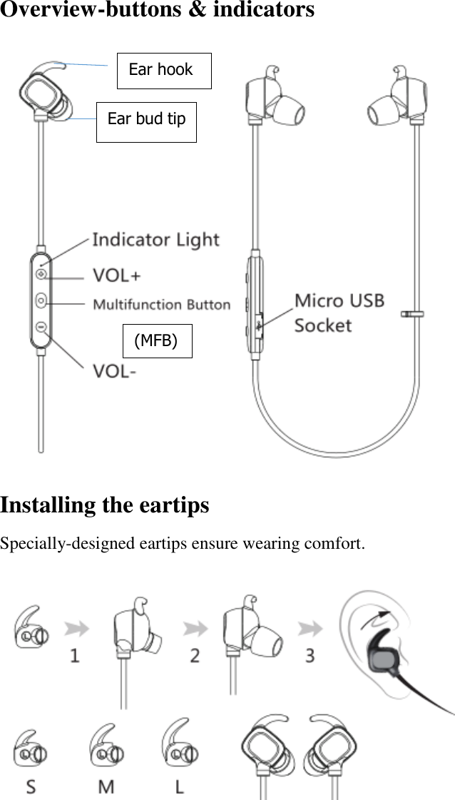                     Overview-buttons &amp; indicators  Installing the eartips Specially-designed eartips ensure wearing comfort.     Ear hook (MFB) Ear bud tip 