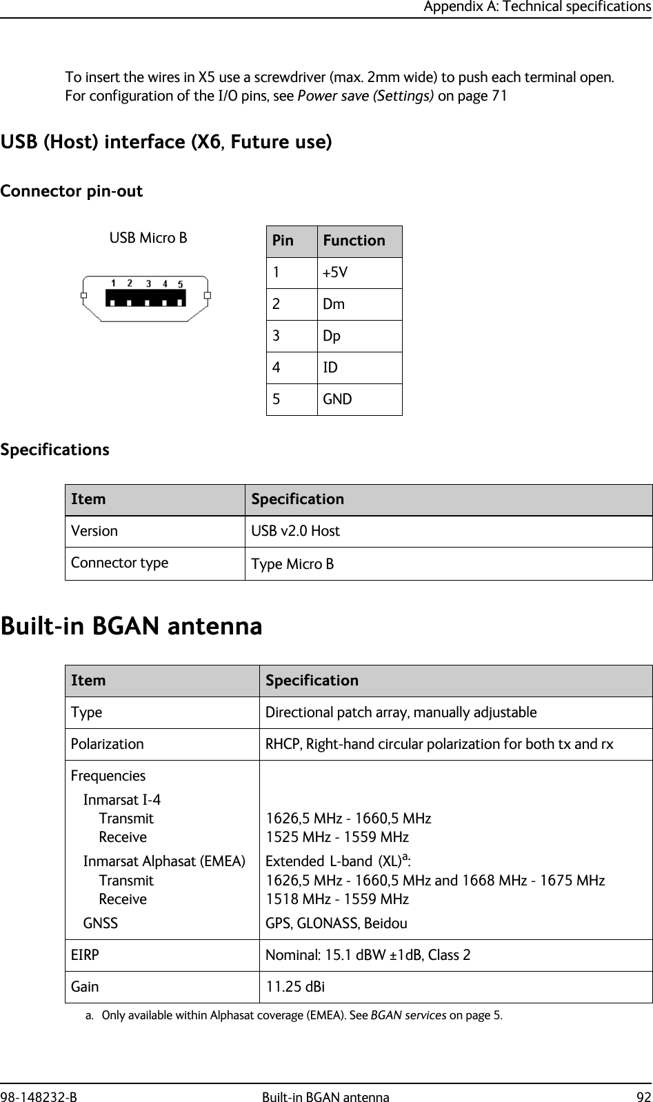 Appendix A: Technical specifications98-148232-B Built-in BGAN antenna 92To insert the wires in X5 use a screwdriver (max. 2mm wide) to push each terminal open. For configuration of the I/O pins, see Power save (Settings) on page 71USB (Host) interface (X6, Future use)Connector pin-outSpecificationsBuilt-in BGAN antennaPin Function1+5V2Dm3Dp4ID5GNDUSB Micro BItem SpecificationVersion USB v2.0 HostConnector type Type Micro BItem SpecificationType Directional patch array, manually adjustablePolarization RHCP, Right-hand circular polarization for both tx and rxFrequenciesInmarsat I-4 Transmit ReceiveInmarsat Alphasat (EMEA) Transmit ReceiveGNSS1626,5 MHz - 1660,5 MHz 1525 MHz - 1559 MHzExtended L-band (XL)a:1626,5 MHz - 1660,5 MHz and 1668 MHz - 1675 MHz 1518 MHz - 1559 MHzGPS, GLONASS, Beidou a. Only available within Alphasat coverage (EMEA). See BGAN services on page 5.EIRP Nominal: 15.1 dBW ±1dB, Class 2Gain 11.25 dBi