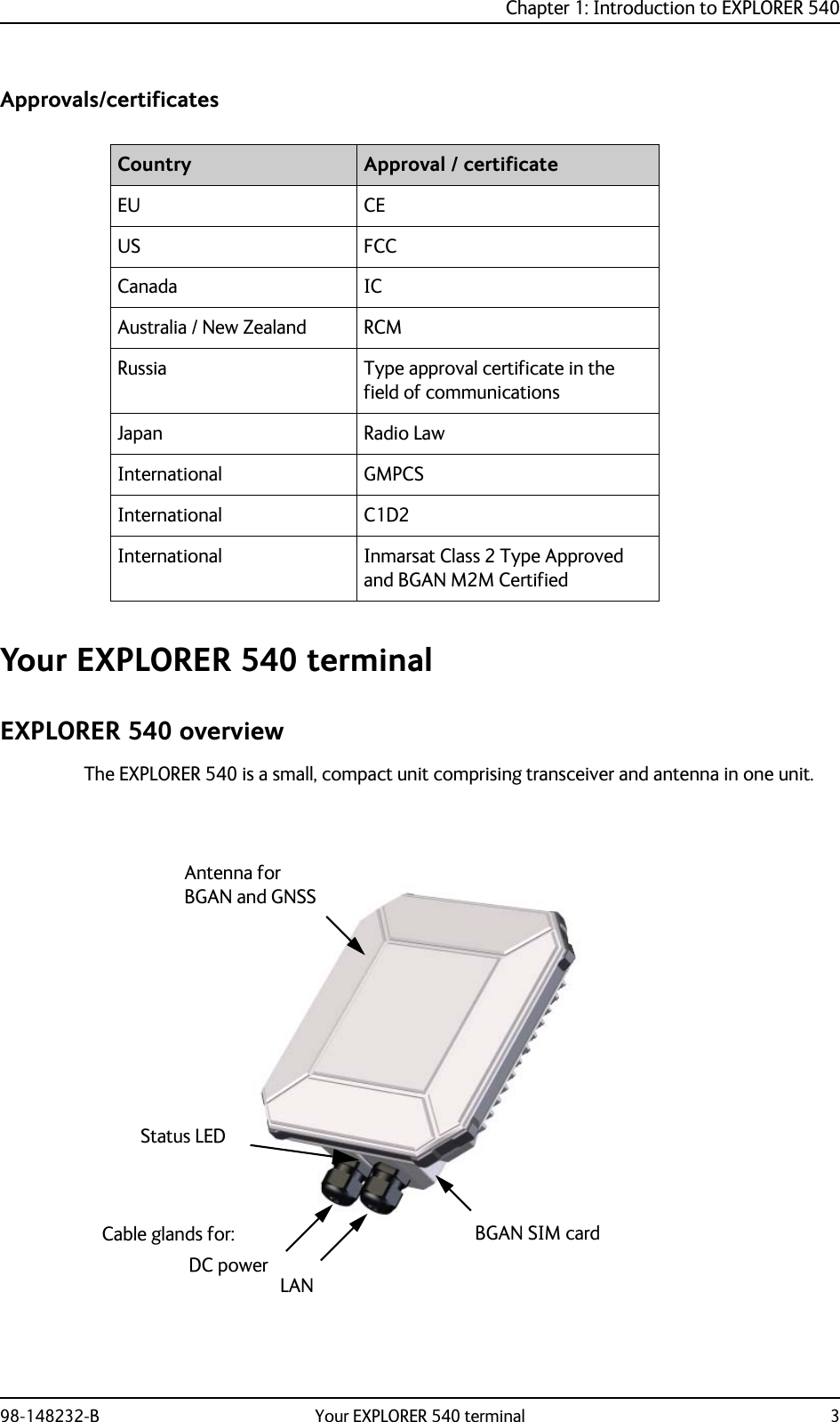 Chapter 1: Introduction to EXPLORER 54098-148232-B Your EXPLORER 540 terminal 3Approvals/certificatesYour EXPLORER 540 terminalEXPLORER 540 overviewThe EXPLORER 540 is a small, compact unit comprising transceiver and antenna in one unit.Country Approval / certificateEU CEUS FCCCanada ICAustralia / New Zealand RCMRussia Type approval certificate in the field of communicationsJapan Radio LawInternational GMPCSInternational C1D2International Inmarsat Class 2 Type Approved and BGAN M2M CertifiedAntenna for BGAN and GNSSLANBGAN SIM cardStatus LEDDC powerCable glands for: