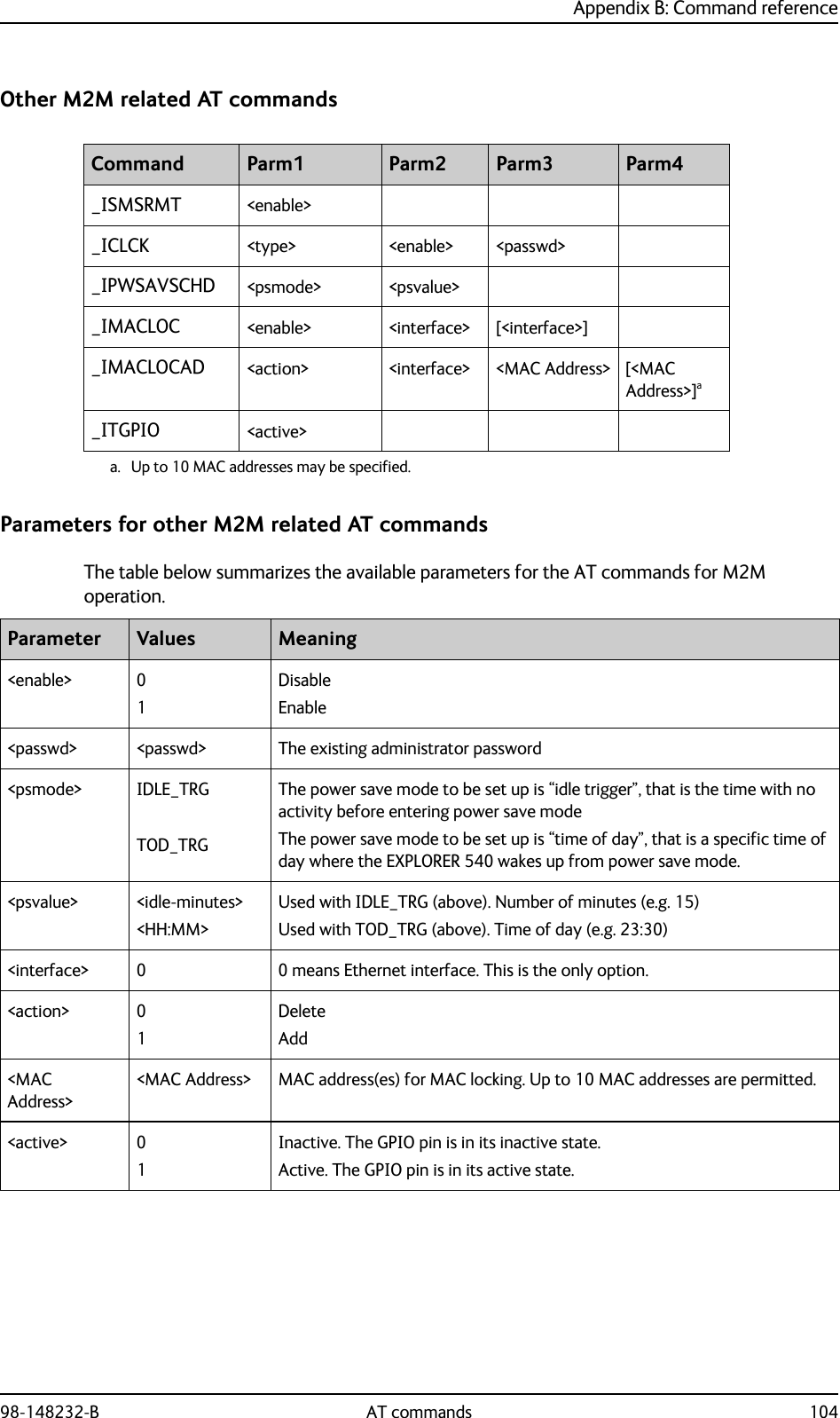 Appendix B: Command reference98-148232-B AT commands 104Other M2M related AT commandsParameters for other M2M related AT commandsThe table below summarizes the available parameters for the AT commands for M2M operation.Command Parm1 Parm2 Parm3 Parm4_ISMSRMT &lt;enable&gt;_ICLCK &lt;type&gt; &lt;enable&gt; &lt;passwd&gt;_IPWSAVSCHD &lt;psmode&gt; &lt;psvalue&gt;_IMACLOC &lt;enable&gt; &lt;interface&gt; [&lt;interface&gt;]_IMACLOCAD &lt;action&gt; &lt;interface&gt; &lt;MAC Address&gt; [&lt;MAC Address&gt;]aa. Up to 10 MAC addresses may be specified._ITGPIO &lt;active&gt;Parameter Values Meaning&lt;enable&gt; 01DisableEnable&lt;passwd&gt; &lt;passwd&gt; The existing administrator password&lt;psmode&gt; IDLE_TRGTOD_TRGThe power save mode to be set up is “idle trigger”, that is the time with no activity before entering power save modeThe power save mode to be set up is “time of day”, that is a specific time of day where the EXPLORER 540 wakes up from power save mode.&lt;psvalue&gt; &lt;idle-minutes&gt;&lt;HH:MM&gt;Used with IDLE_TRG (above). Number of minutes (e.g. 15)Used with TOD_TRG (above). Time of day (e.g. 23:30)&lt;interface&gt; 0 0 means Ethernet interface. This is the only option.&lt;action&gt; 01DeleteAdd&lt;MAC Address&gt;&lt;MAC Address&gt; MAC address(es) for MAC locking. Up to 10 MAC addresses are permitted.&lt;active&gt; 01Inactive. The GPIO pin is in its inactive state.Active. The GPIO pin is in its active state.