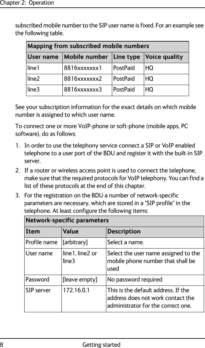 Chapter 2:  Operation8 Getting startedsubscribed mobile number to the SIP user name is fixed. For an example see the following table.See your subscription information for the exact details on which mobile number is assigned to which user name.To connect one or more VoIP-phone or soft-phone (mobile apps, PC software), do as follows:1. In order to use the telephony service connect a SIP or VoIP enabled telephone to a user port of the BDU and register it with the built-in SIP server.2. If a router or wireless access point is used to connect the telephone, make sure that the required protocols for VoIP telephony. You can find a list of these protocols at the end of this chapter.3. For the registration on the BDU a number of network-specific parameters are necessary, which are stored in a &quot;SIP profile&quot; in the telephone. At least configure the following items:Mapping from subscribed mobile numbersUser name Mobile number Line type Voice quality line1 8816xxxxxxx1 PostPaid HQline2 8816xxxxxxx2 PostPaid HQline3 8816xxxxxxx3 PostPaid HQNetwork-specific parametersItem Value DescriptionProfile name [arbitrary] Select a name.User name line1, line2 or line3Select the user name assigned to the mobile phone number that shall be usedPassword [leave empty] No password requiredSIP server 172.16.0.1 This is the default address. If the address does not work contact the administrator for the correct one.