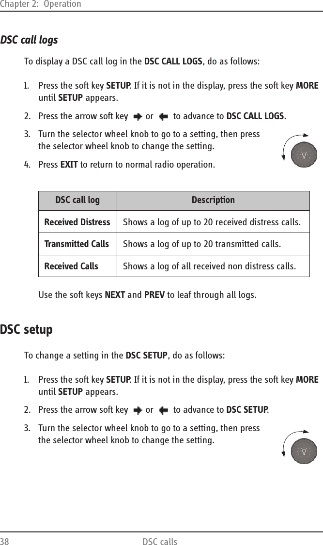 Chapter 2:  Operation38 DSC callsDSC call logsTo display a DSC call log in the DSC CALL LOGS, do as follows:1. Press the soft key SETUP. If it is not in the display, press the soft key MORE until SETUP appears.2. Press the arrow soft key  or   to advance to DSC CALL LOGS.3. Turn the selector wheel knob to go to a setting, then press the selector wheel knob to change the setting.4. Press EXIT to return to normal radio operation.Use the soft keys NEXT and PREV to leaf through all logs.DSC setupTo change a setting in the DSC SETUP, do as follows:1. Press the soft key SETUP. If it is not in the display, press the soft key MORE until SETUP appears.2. Press the arrow soft key  or   to advance to DSC SETUP.3. Turn the selector wheel knob to go to a setting, then press the selector wheel knob to change the setting.DSC call log DescriptionReceived Distress Shows a log of up to 20 received distress calls. Transmitted Calls Shows a log of up to 20 transmitted calls.Received Calls Shows a log of all received non distress calls. 